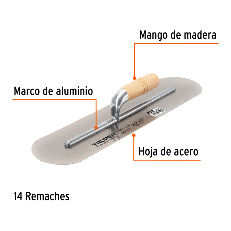 Llana canto redondo 20' x 5' con mango de madera, Truper
