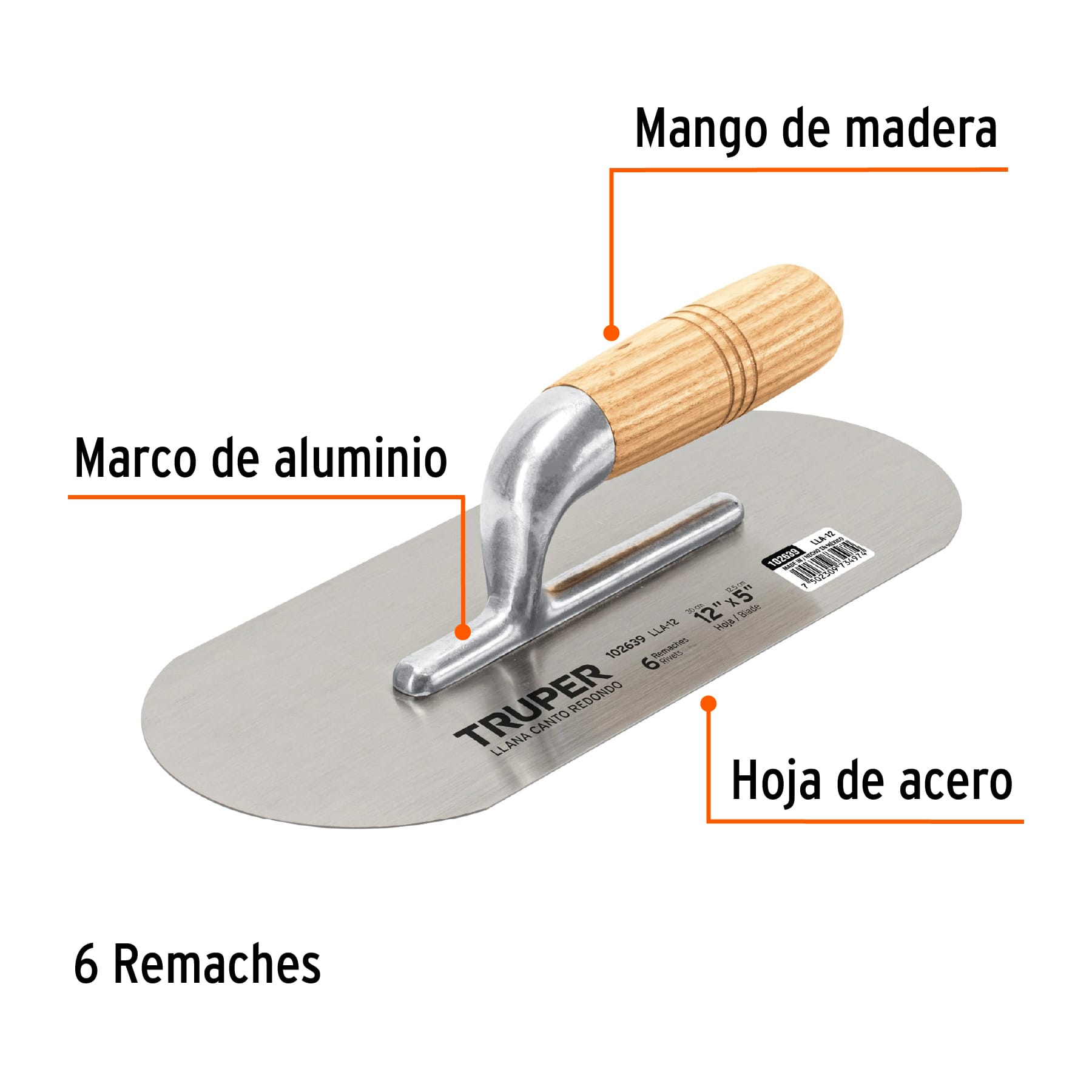 Llana canto redondo 12' x 5' con mango de madera, Truper