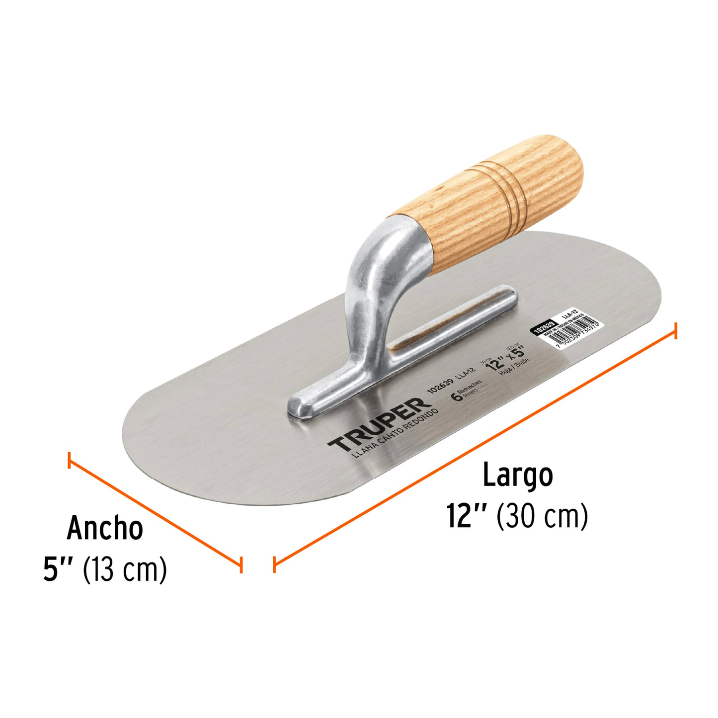 Llana canto redondo 12' x 5' con mango de madera, Truper