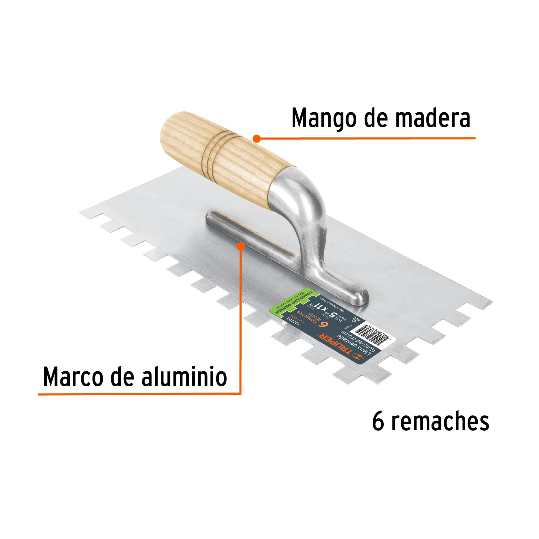 Llana 11' dentado cuadrado 1/2', 6 remaches, mango madera