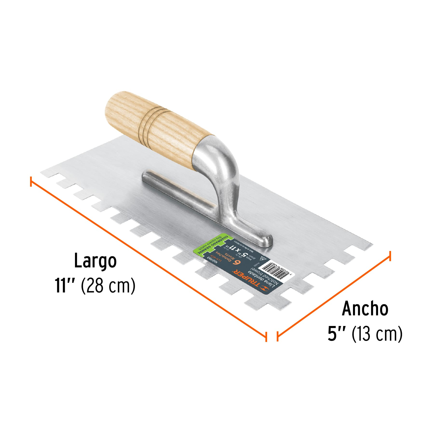 Llana 11' dentado cuadrado 1/2', 6 remaches, mango madera