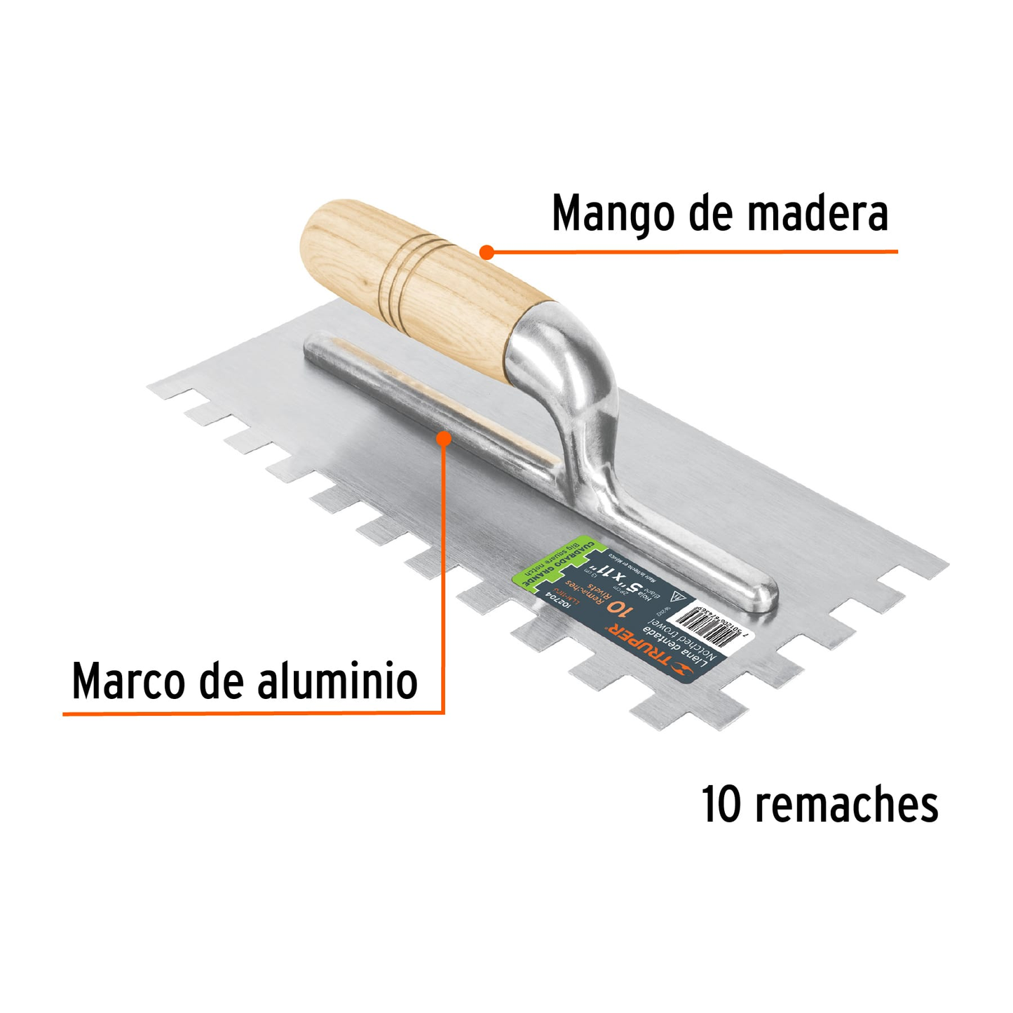 Llana 11' dentado cuadrado 1/2', 10 remaches, mango madera