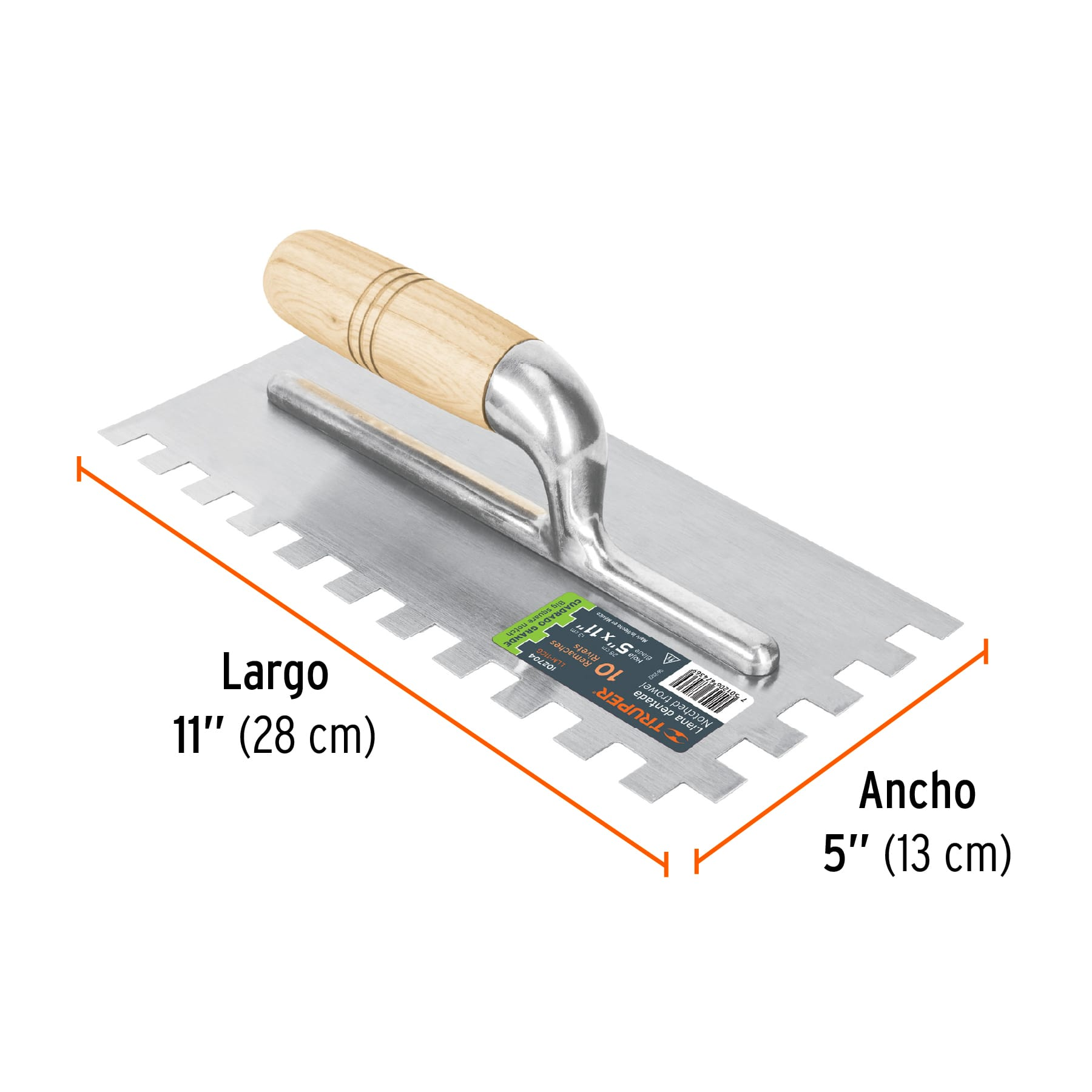 Llana 11' dentado cuadrado 1/2', 10 remaches, mango madera