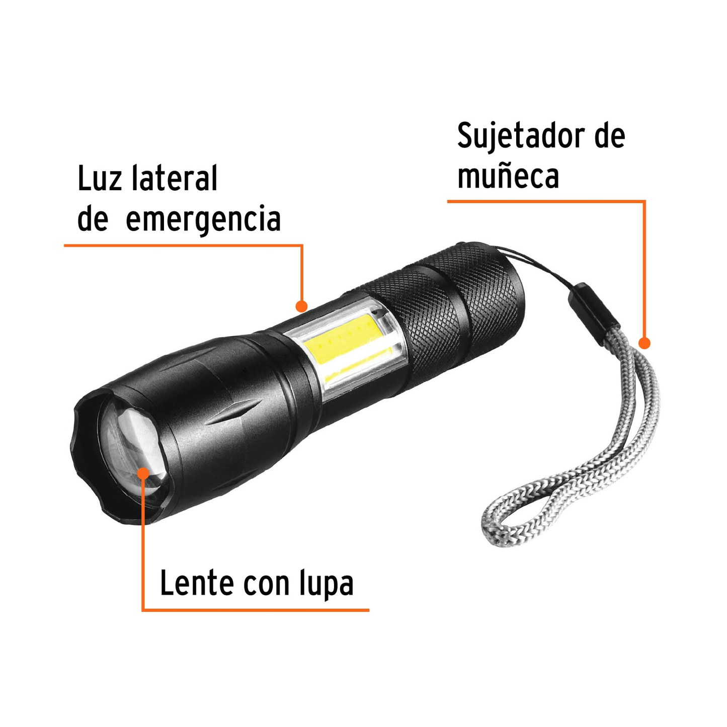 Linterna LED recargable de aluminio c/luz lateral, 270 lm
