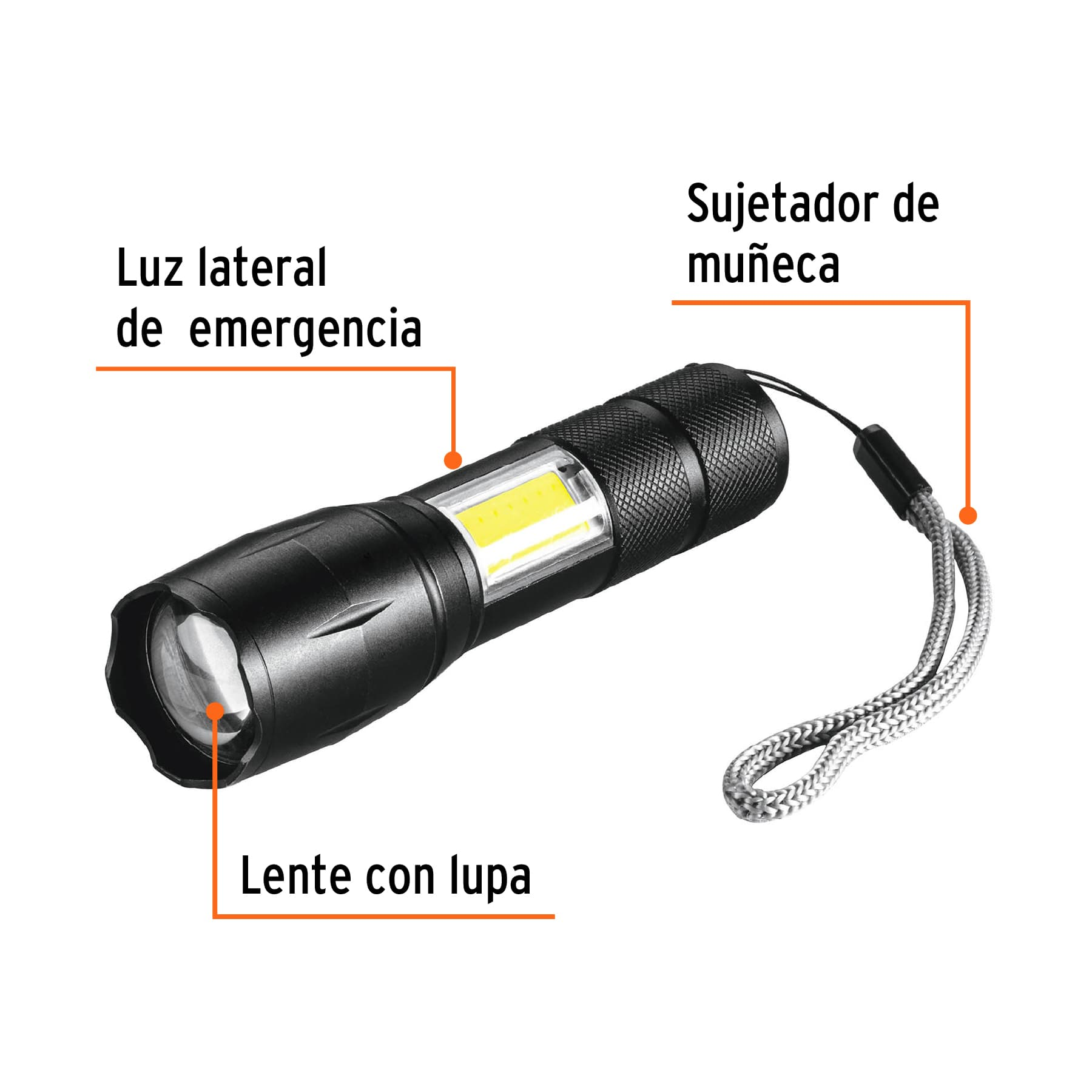 Linterna LED recargable de aluminio c/luz lateral, 270 lm