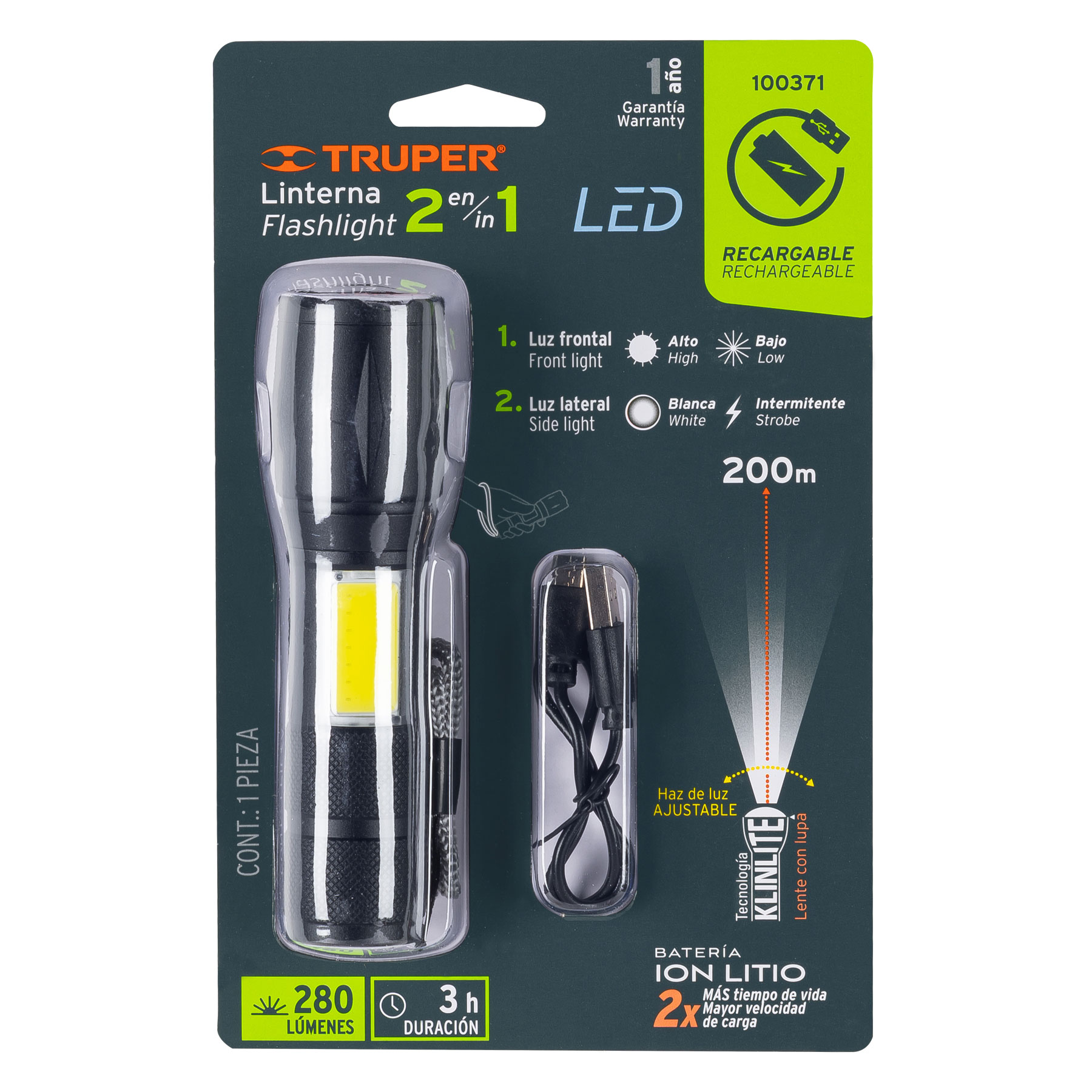 Linterna LED recargable de aluminio c/luz lateral, 270 lm