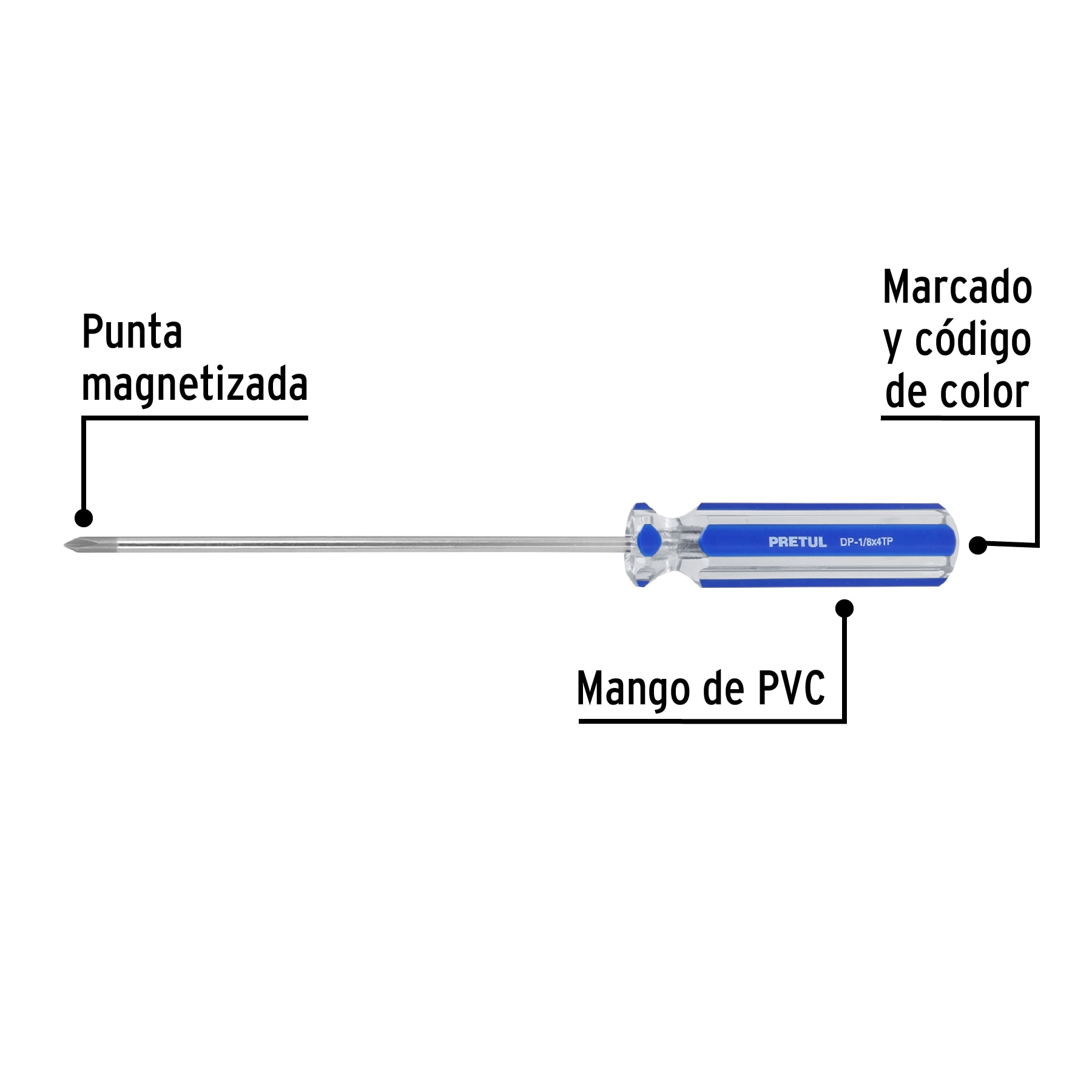 Desarmador punta Phillips, 1/8' x 4', mango PVC, Pretul