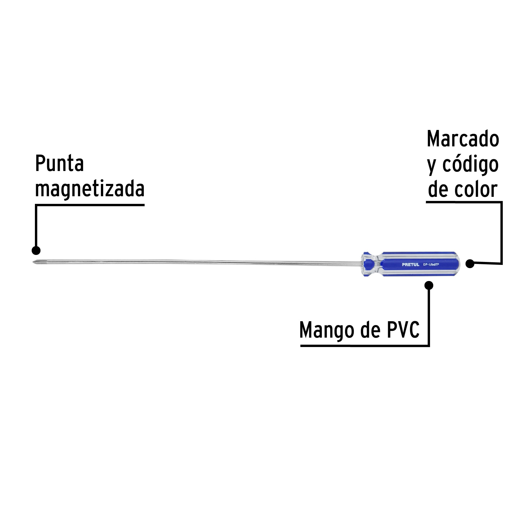 Desarmador punta Phillips, 1/8' x 8', mango PVC, Pretul