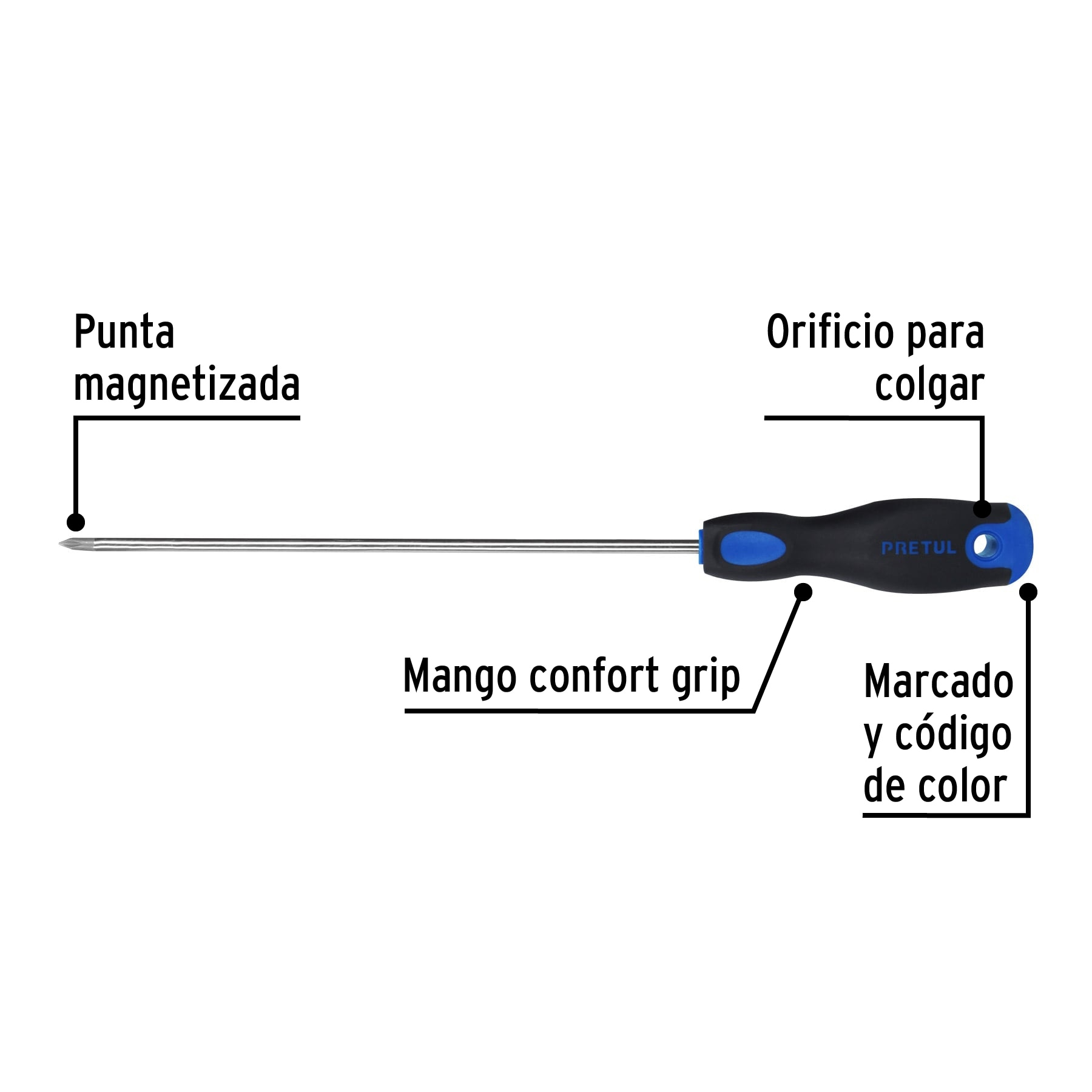 Desarmador punta Phillips,3/16x 8',mango Comfort Grip, Pretu
