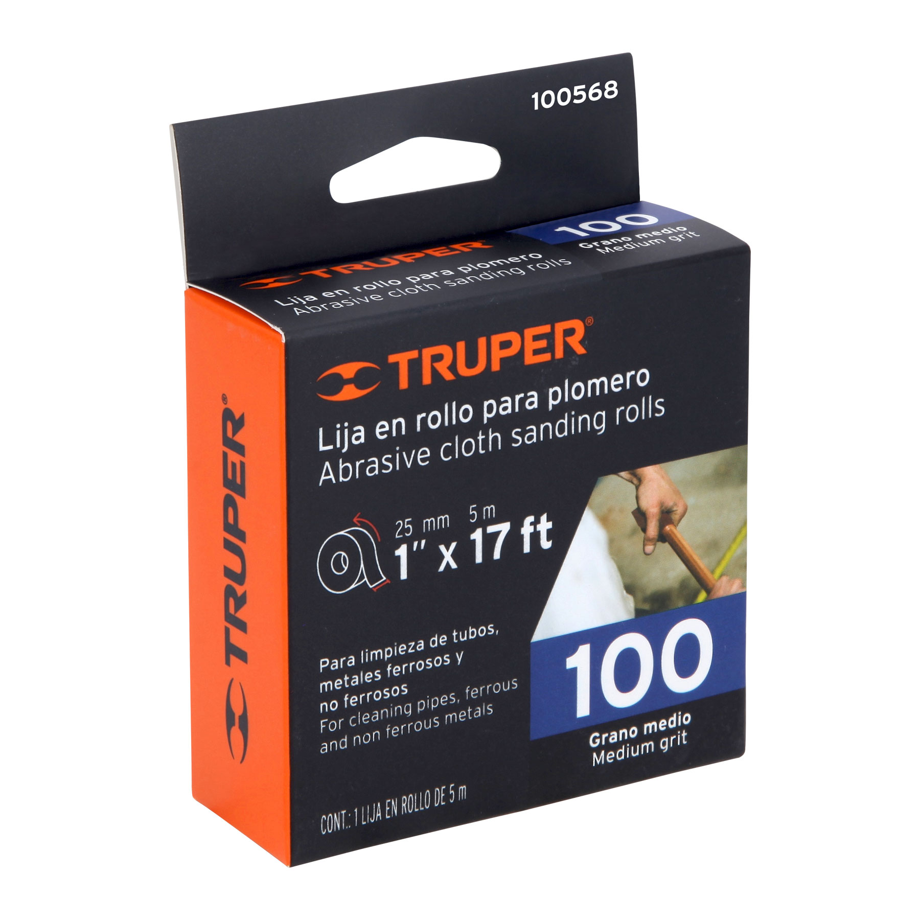 Lija para plomero grano 100, ancho 1', rollo de 5 m