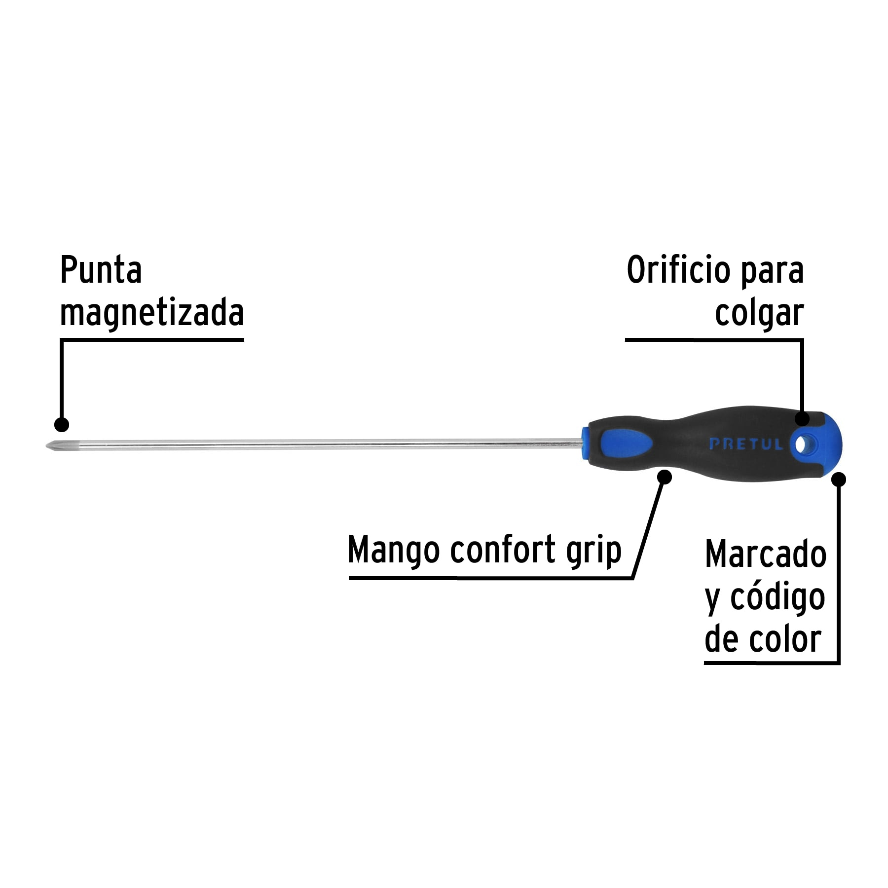 Desarmador punta Phillips,5/16x8',mango Comfort Grip,Pretul