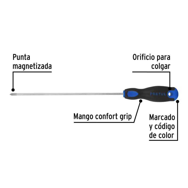 Desarmador punta Phillips,5/16x8',mango Comfort Grip,Pretul