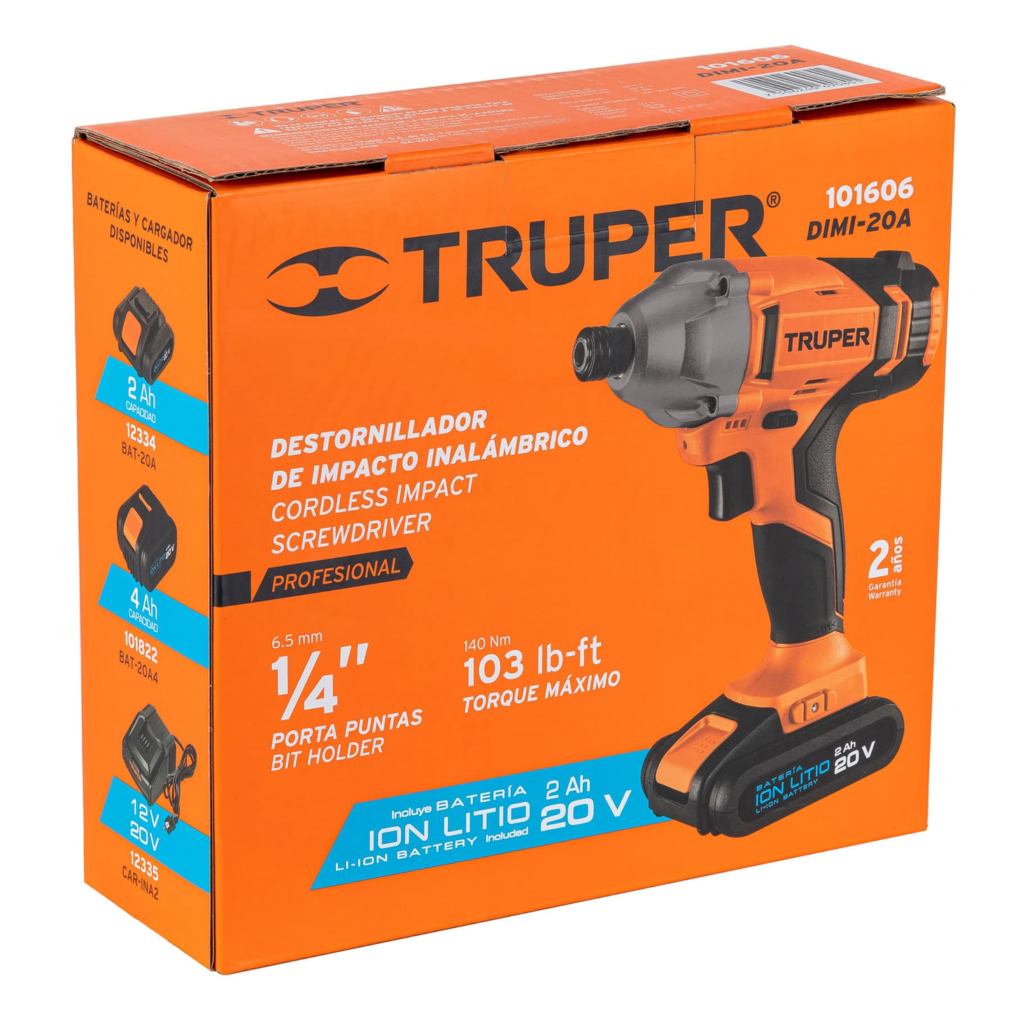 Destornillador de impacto 1/4' de 20 V UNA Batería ion litio