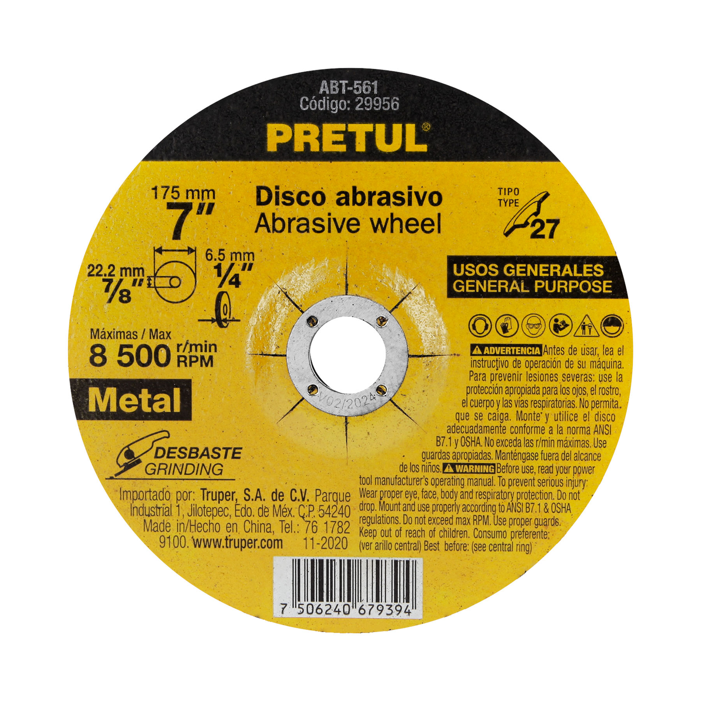 Disco para desbaste de metal, tipo 27, diámetro 7', Pretul