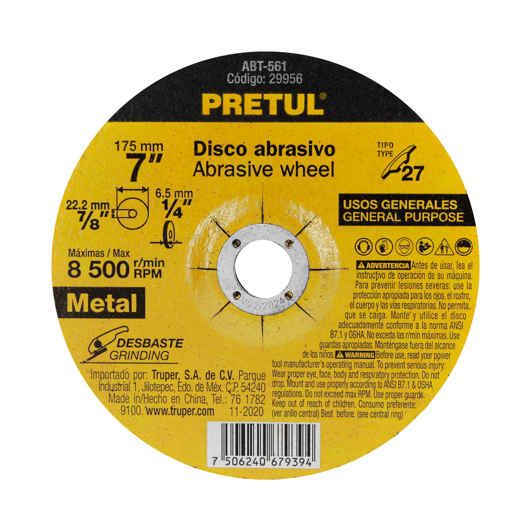 Disco para desbaste de metal, tipo 27, diámetro 7', Pretul
