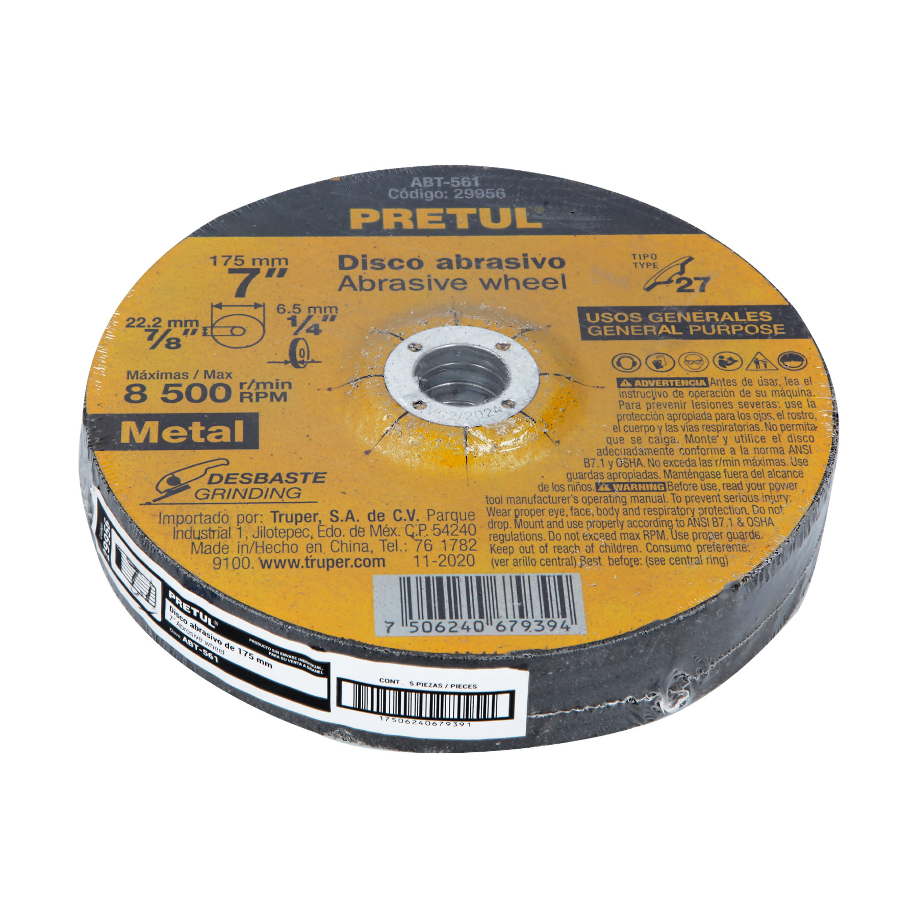 Disco para desbaste de metal, tipo 27, diámetro 7', Pretul