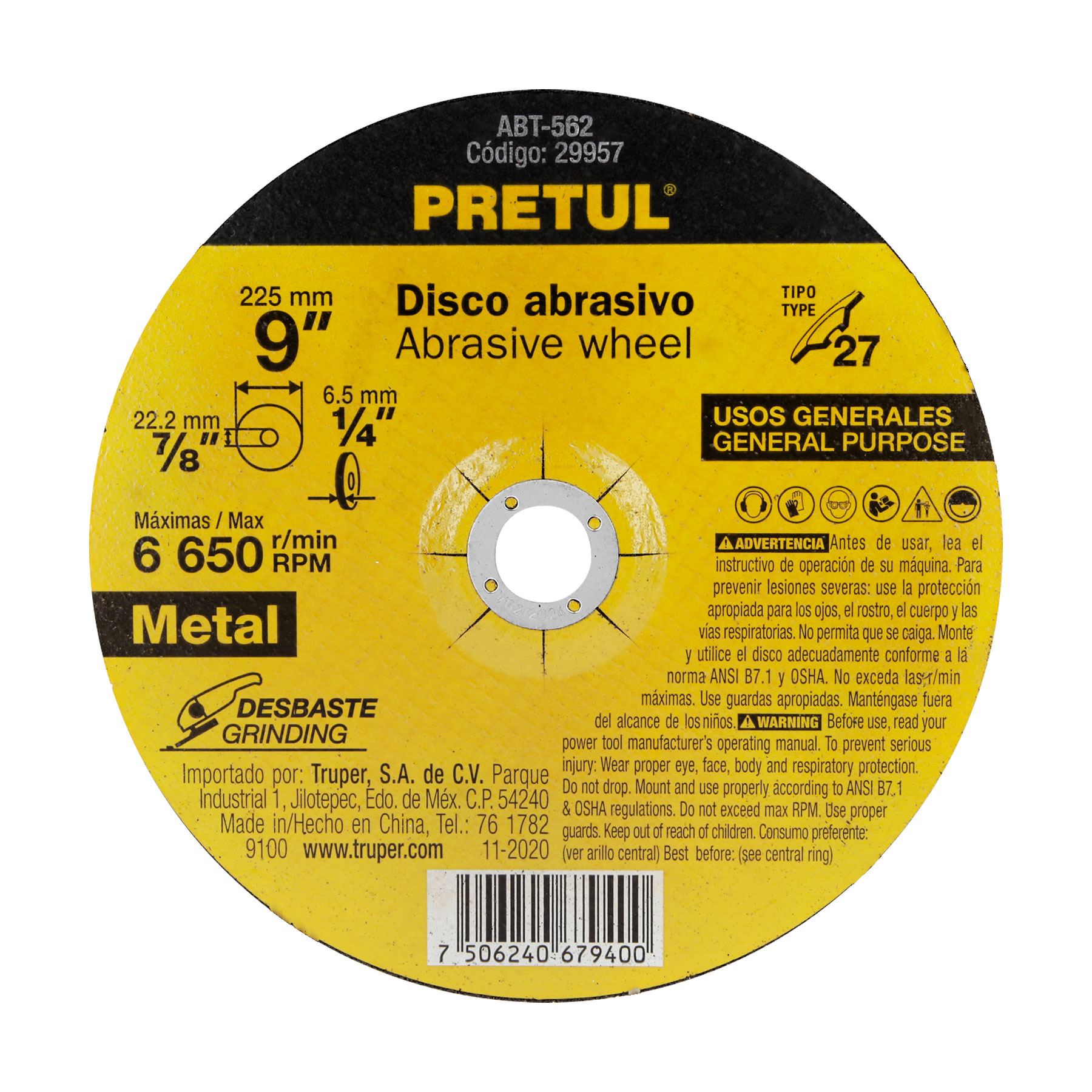 Disco para desbaste de metal, tipo 27, diámetro 9', Pretul