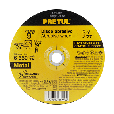 Disco para desbaste de metal, tipo 27, diámetro 9', Pretul