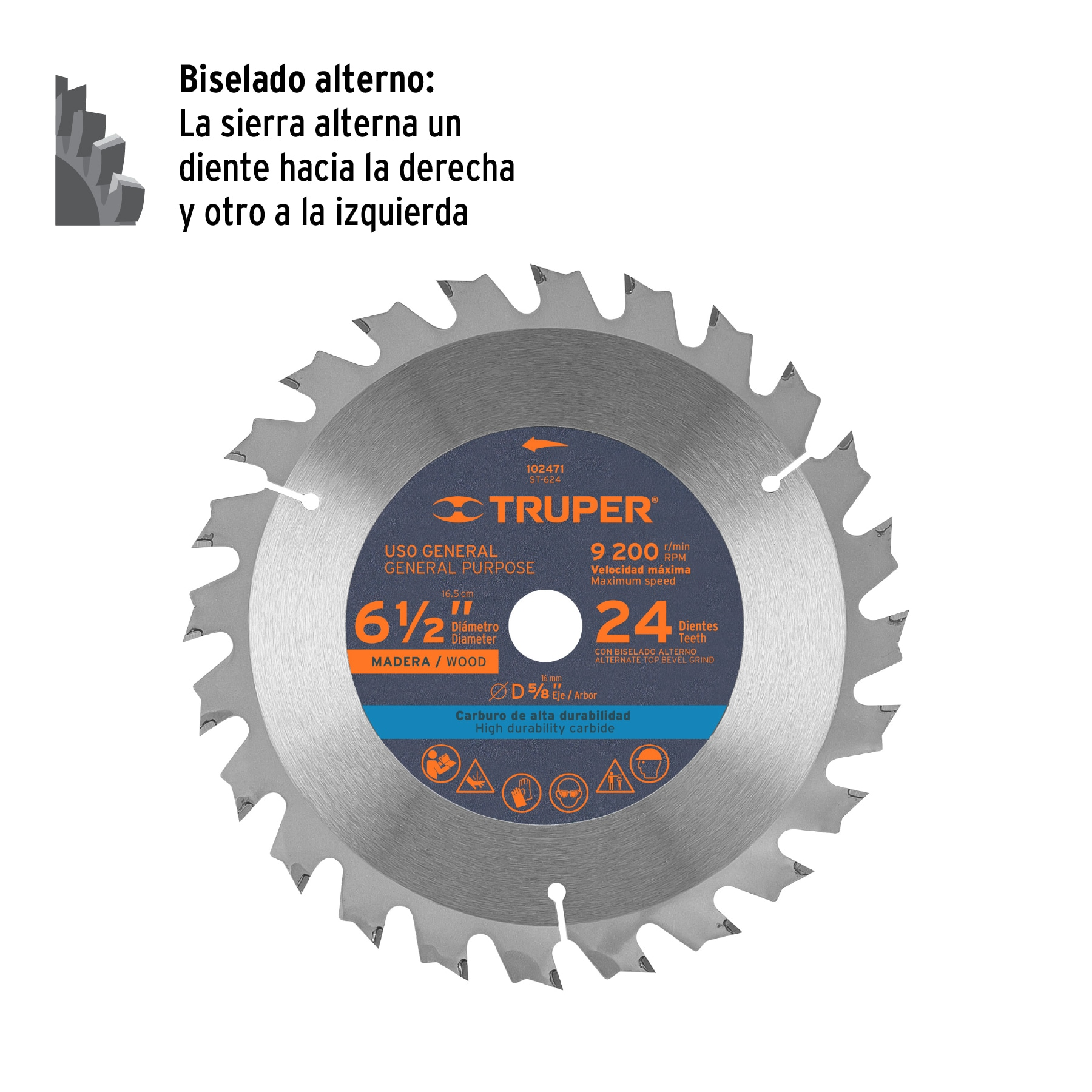Disco sierra 6-1/2' p/madera, 24 dientes con centro 5/8'