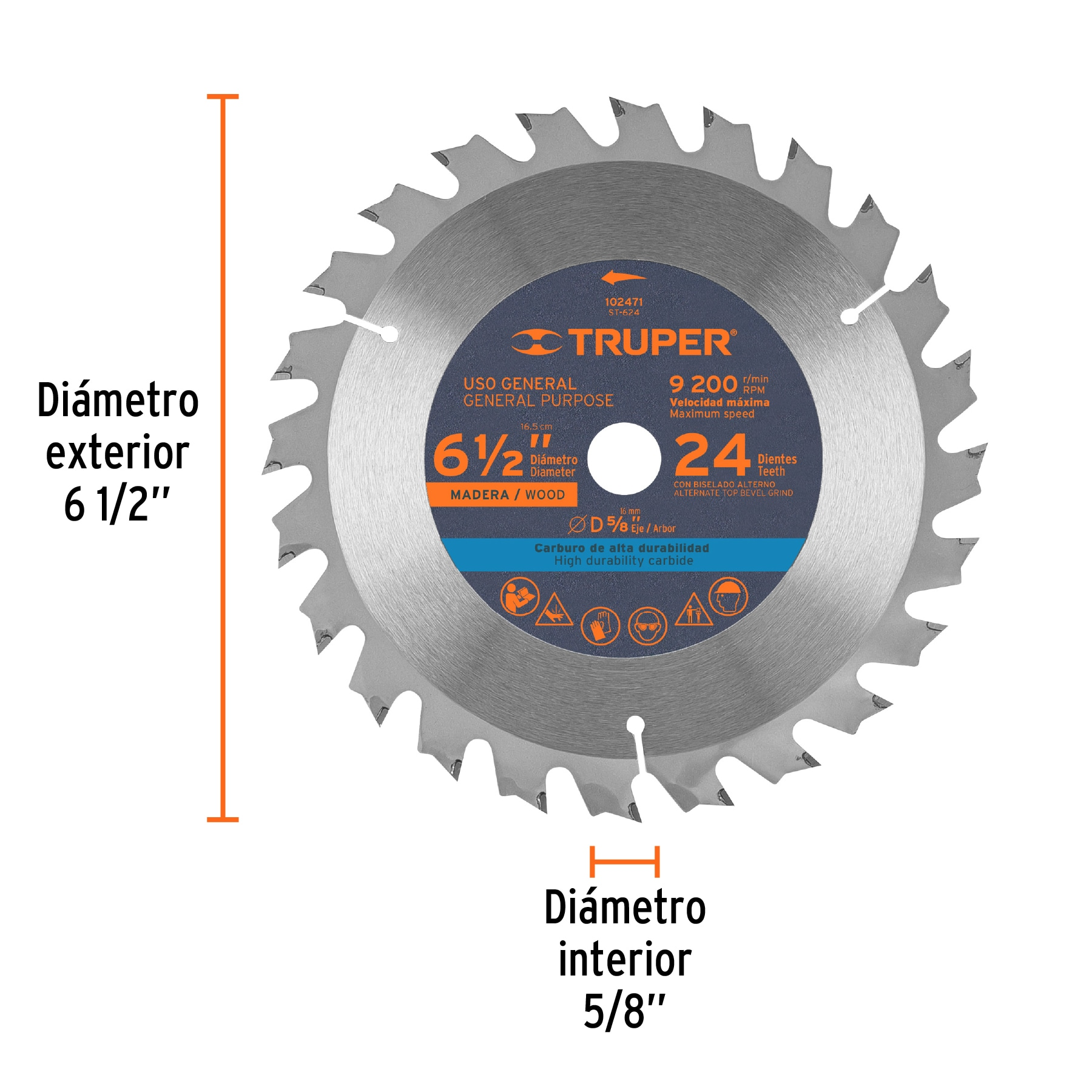 Disco sierra 6-1/2' p/madera, 24 dientes con centro 5/8'