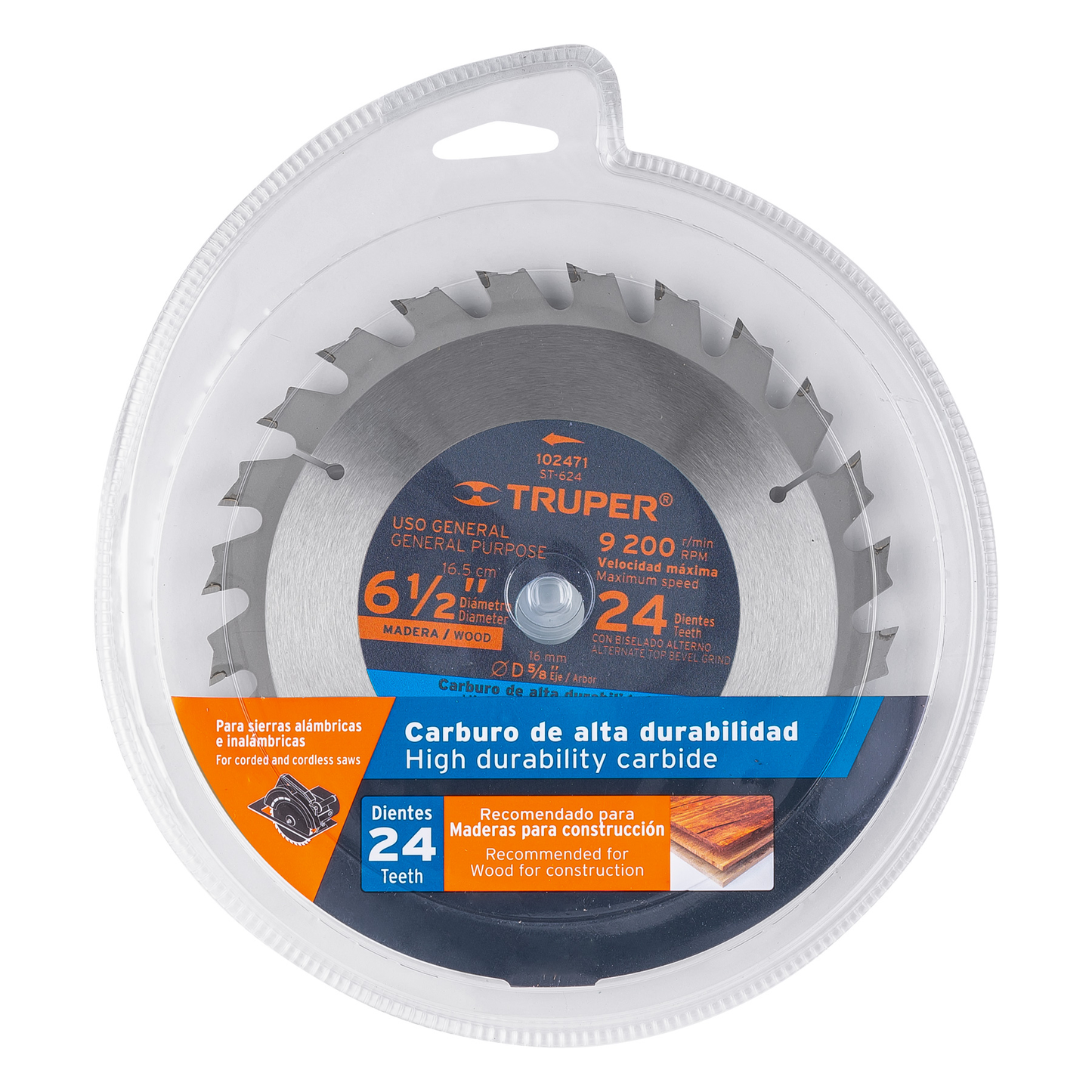 Disco sierra 6-1/2' p/madera, 24 dientes con centro 5/8'