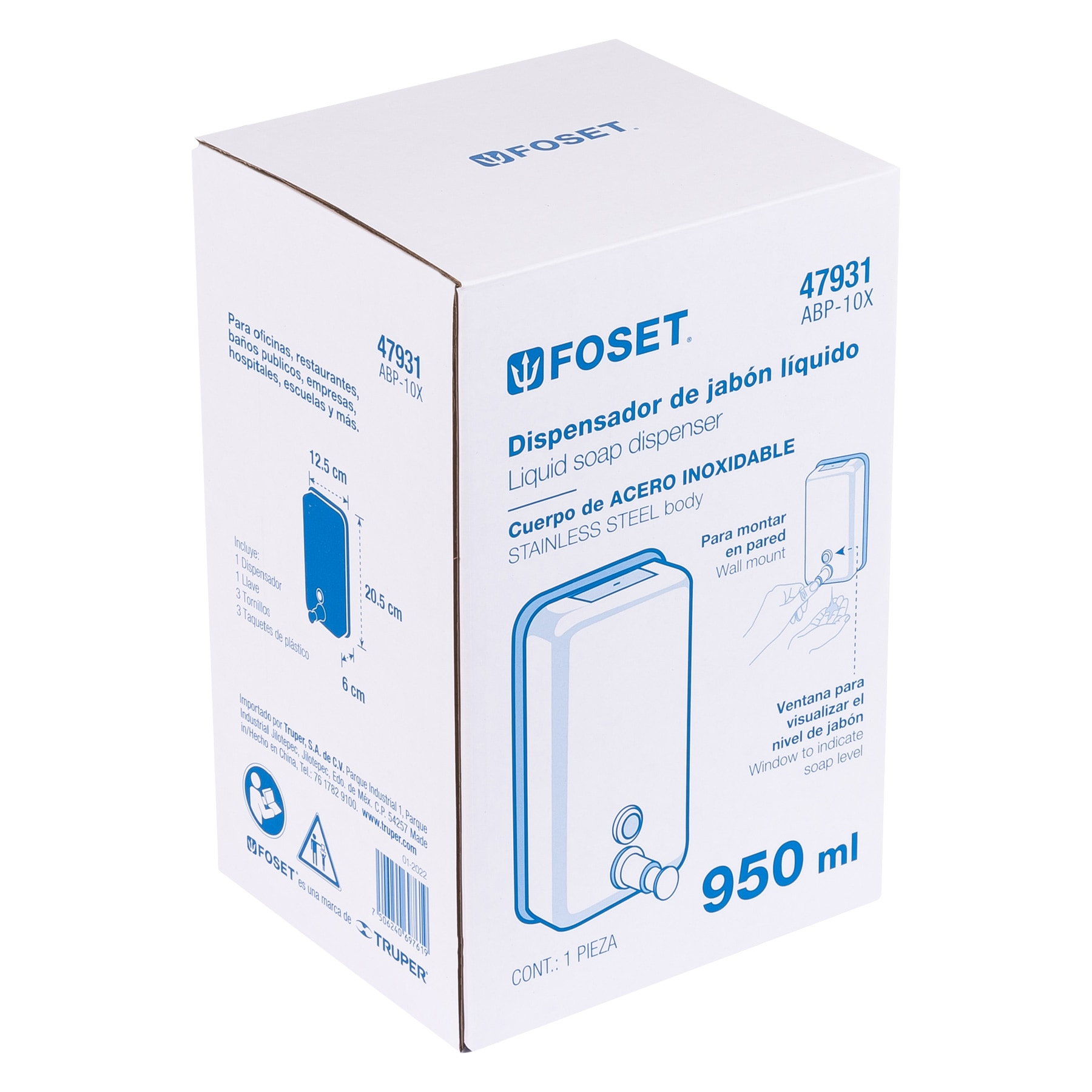 Dosificador de acero inox. para jabón líquido, Foset