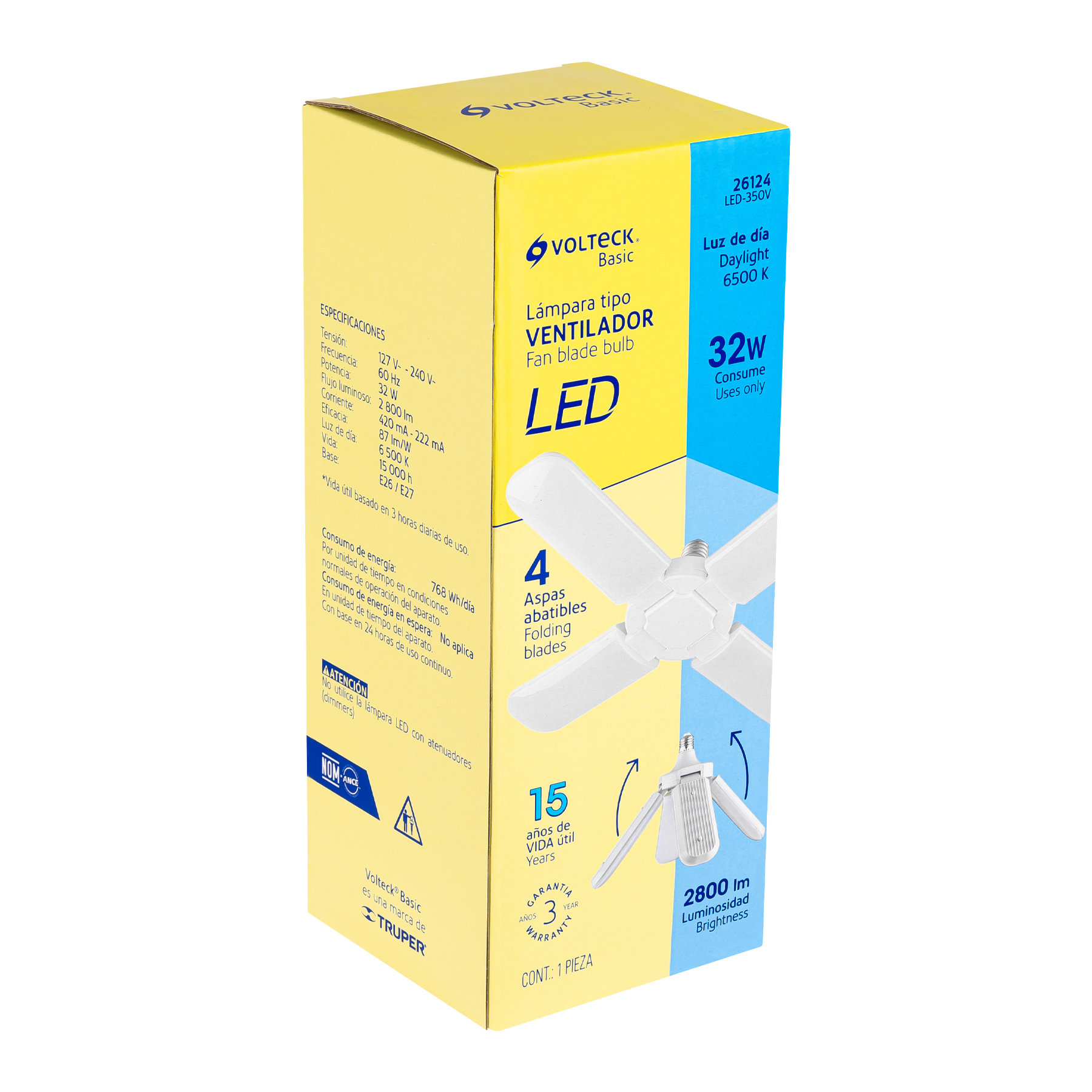 Lámpara LED 32W tipo ventilador, 4 aspas ajustables, Volteck
