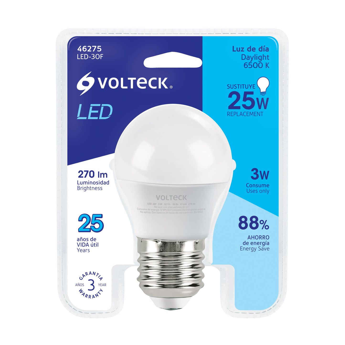 Lámpara de LED, A19, 3 W, luz de día, Voltec