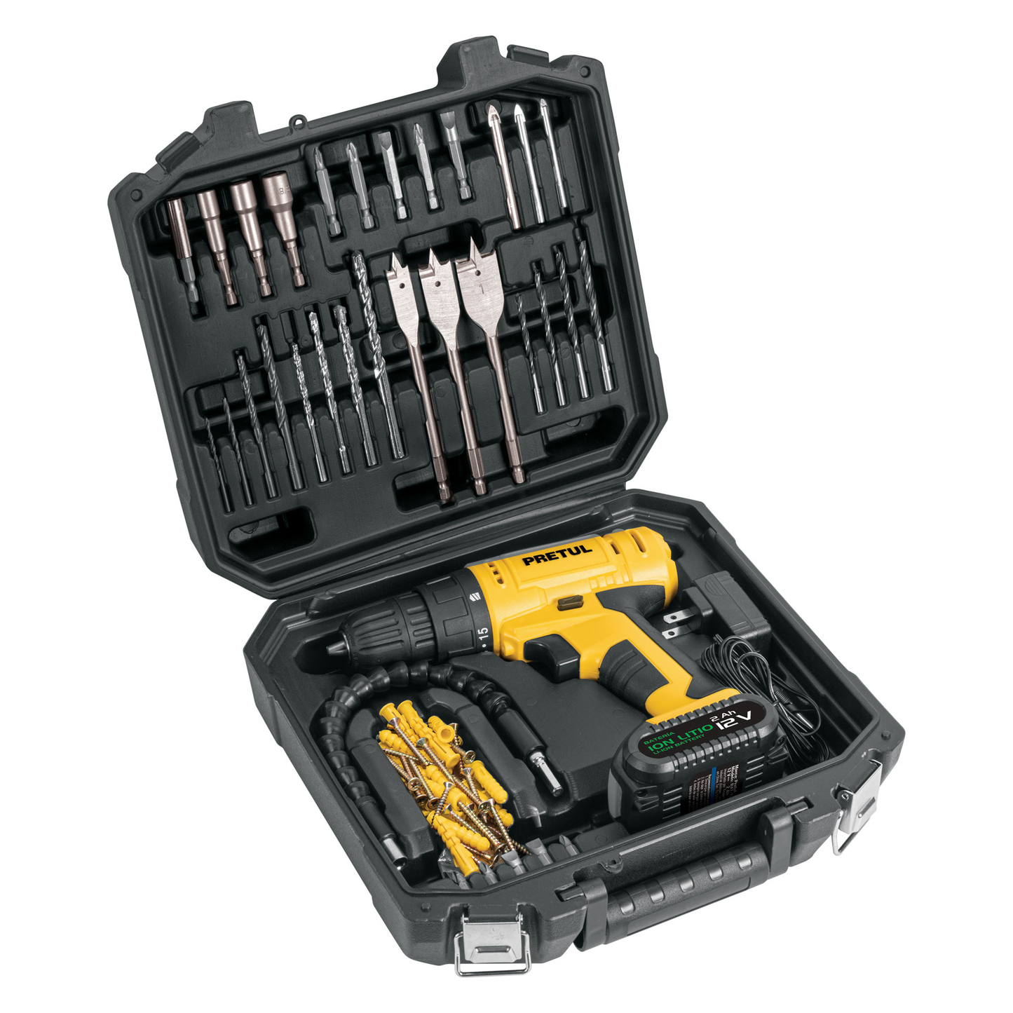 Kit taladro inalámbrico 3/8', 12V, 35 accesorios con maletín