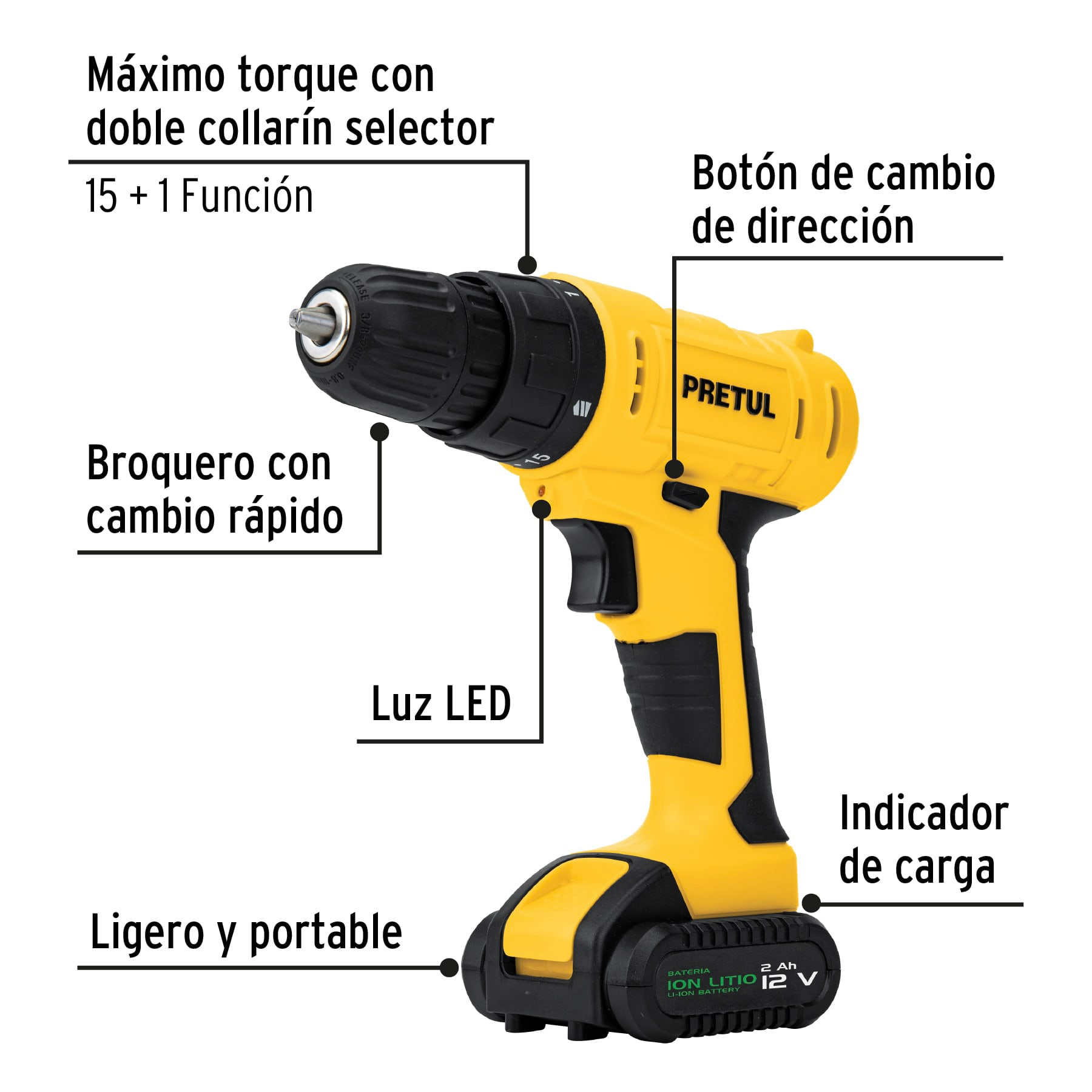 Kit taladro inalámbrico 3/8', 12V, 35 accesorios con maletín