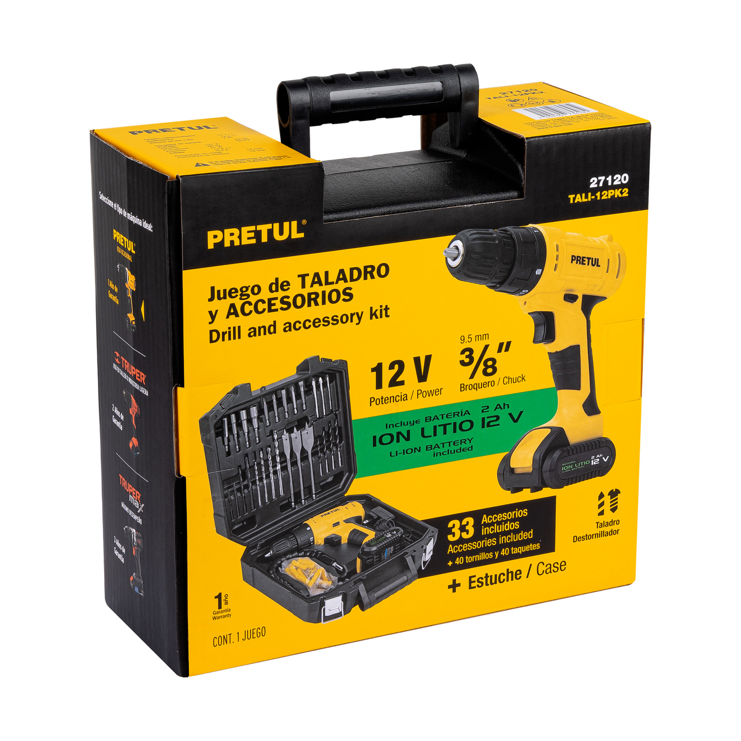 Kit taladro inalámbrico 3/8', 12V, 35 accesorios con maletín