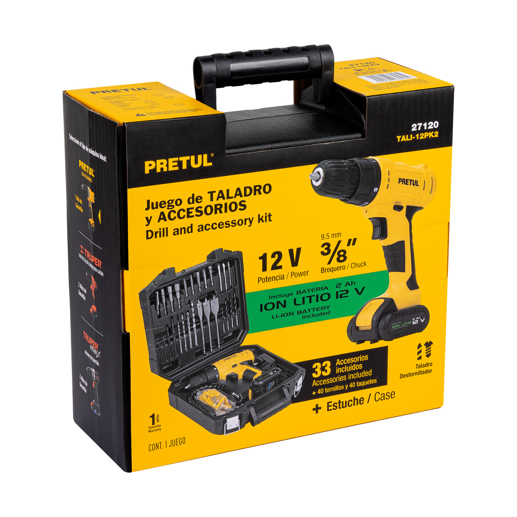 Kit taladro inalámbrico 3/8', 12V, 35 accesorios con maletín