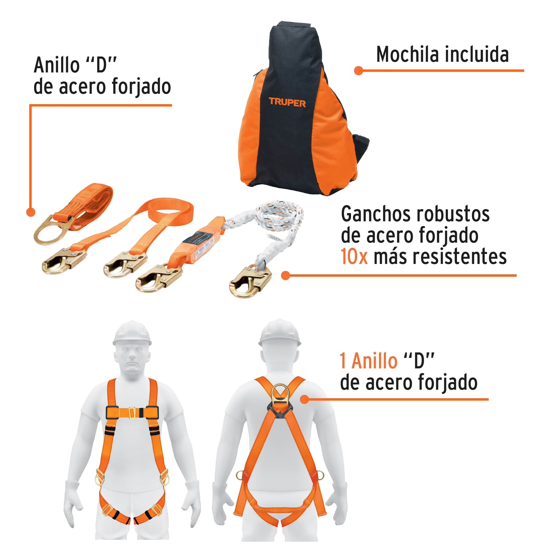 Kit contra caídas, arnés de tres anillos, ANSI