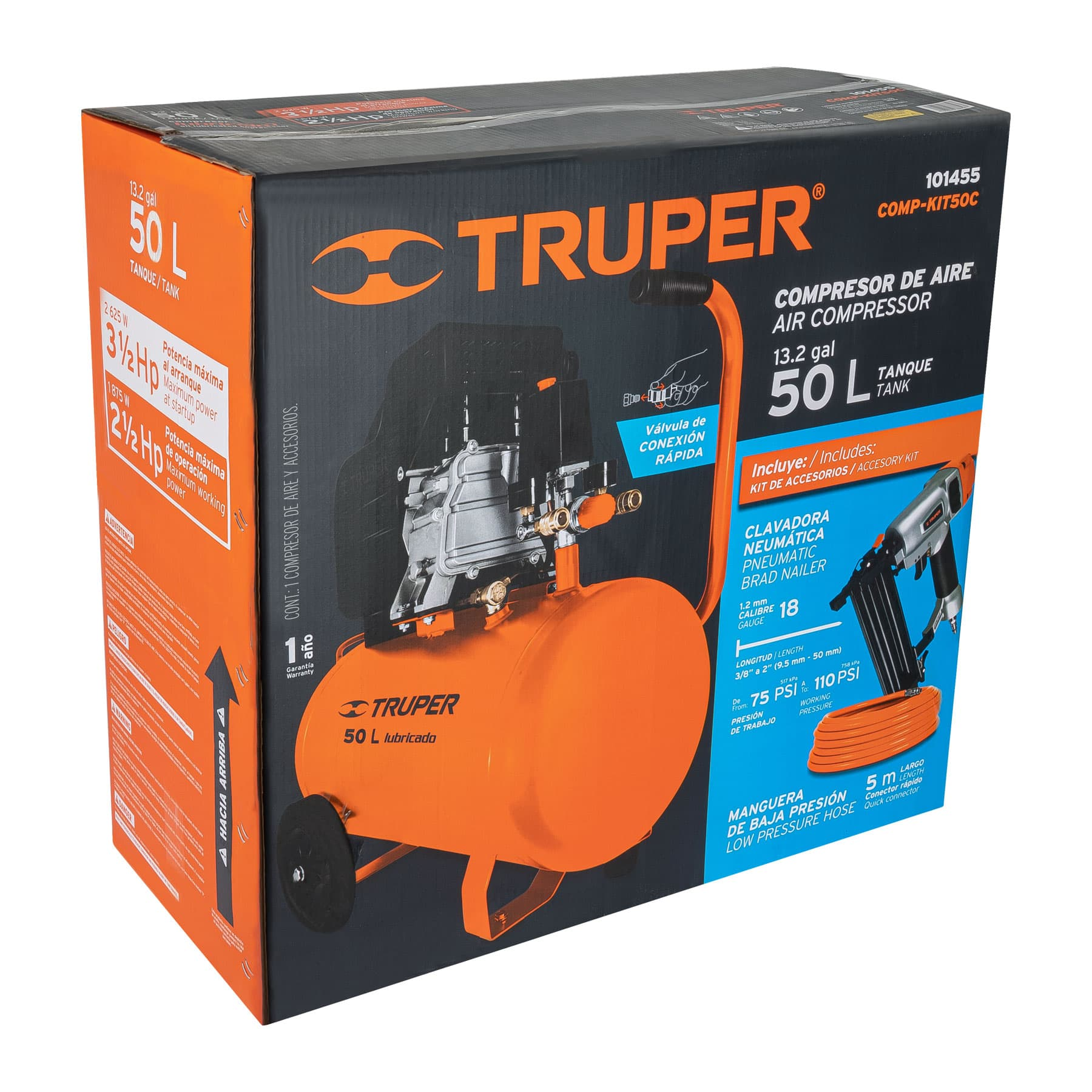 Kit compresor 50 L, clavadora CLNE-18 cal 18 y manguera