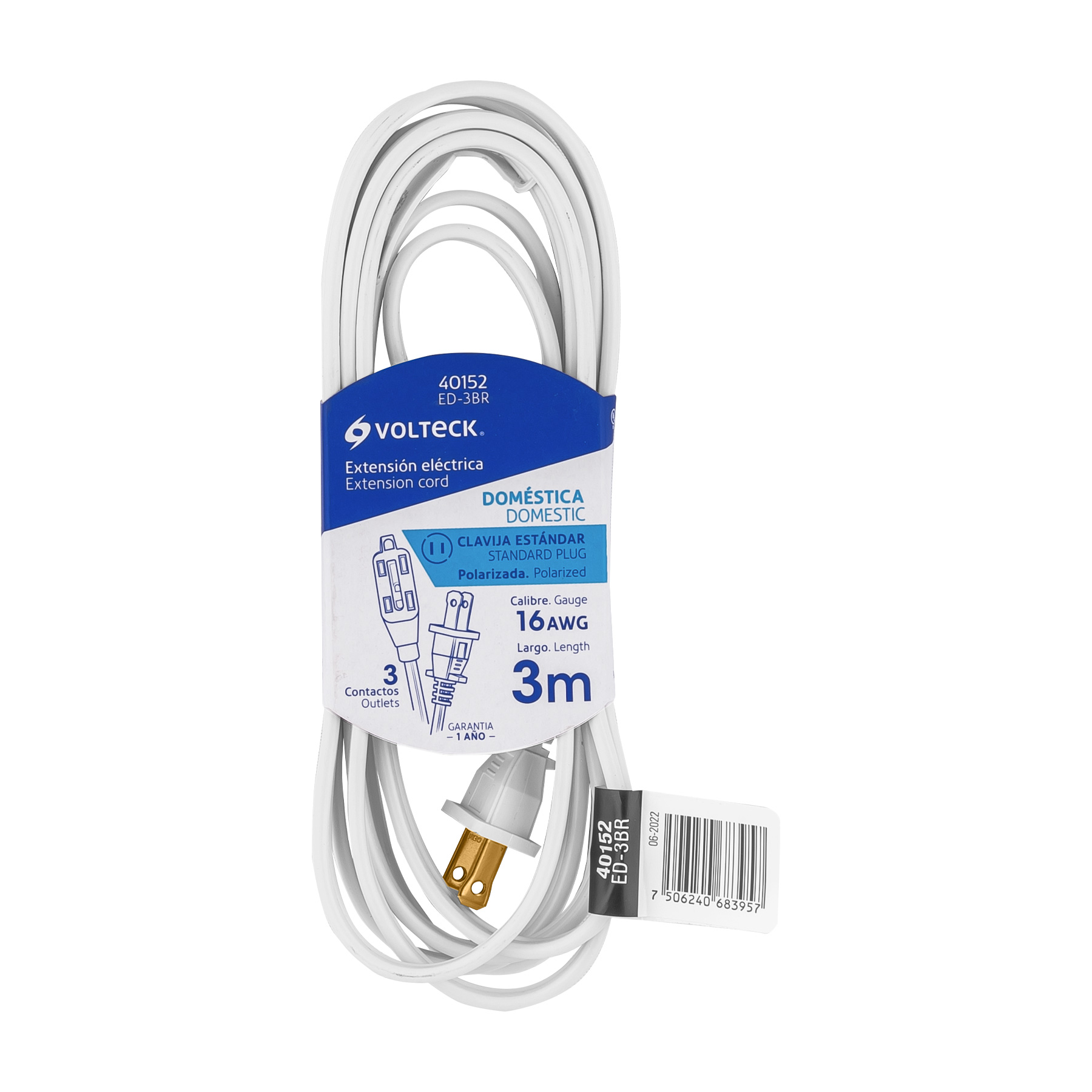 Extensión eléctrica doméstica 3 m blanca con clavija recta