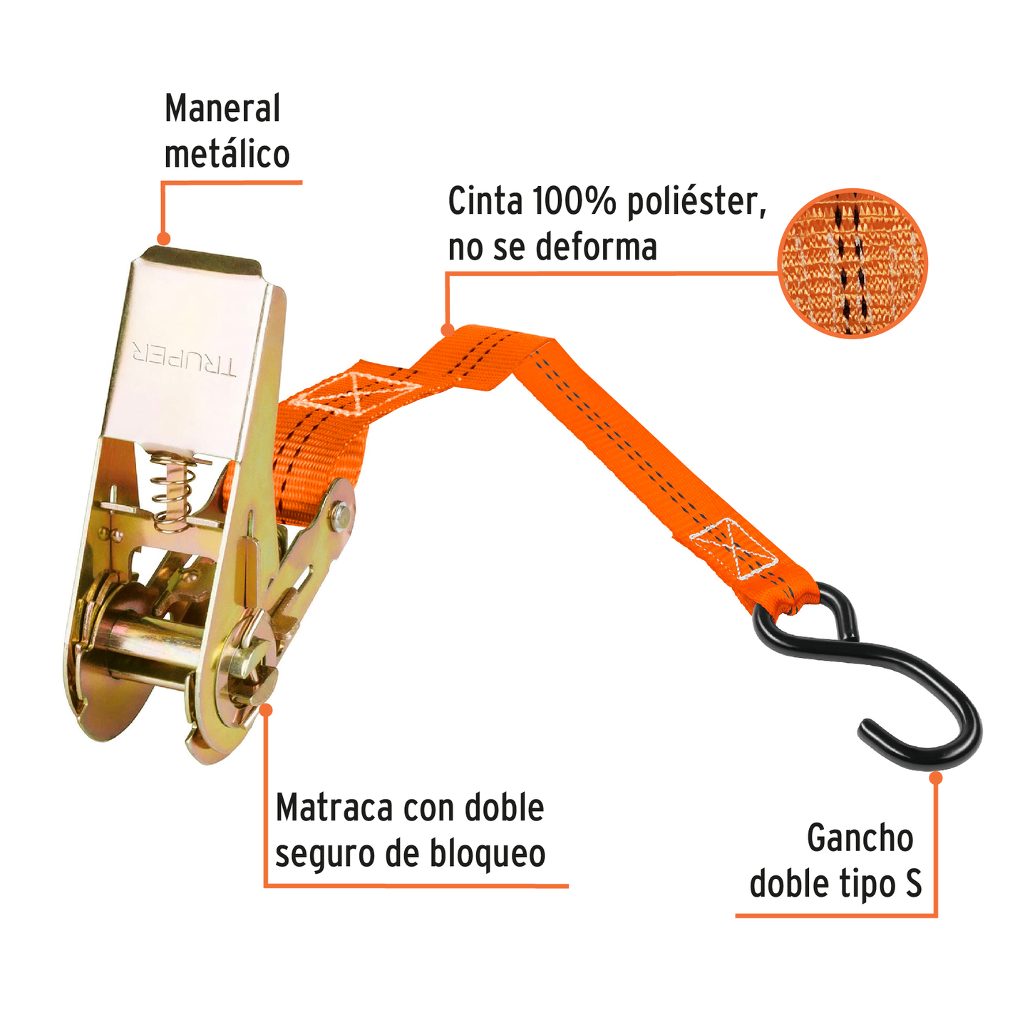 Juego de sujetadores c/matraca, carga máx 675 kg, 4 piezas