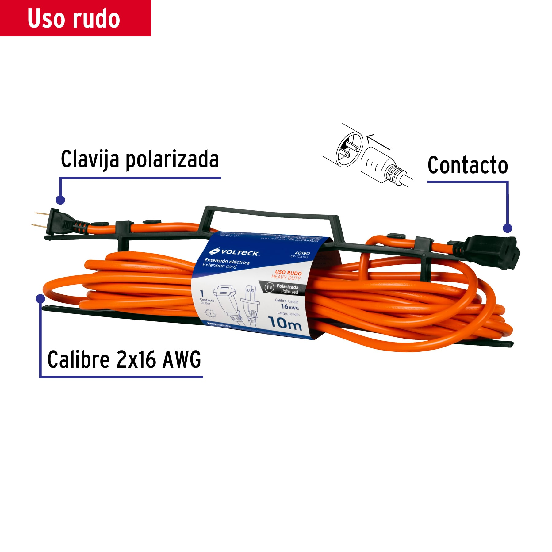 Extensión eléctrica uso rudo 10 m 2x16 AWG para 1 clavija