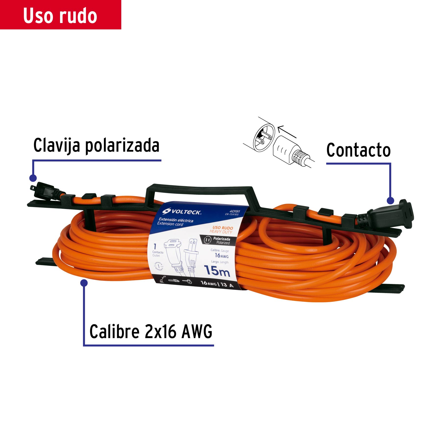Extensión eléctrica uso rudo 15 m 2x16 AWG para 1 clavija