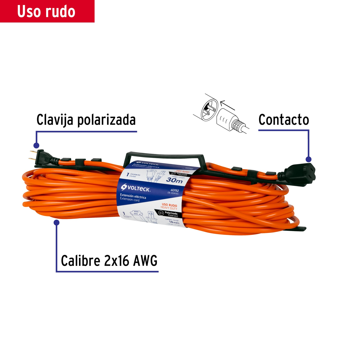 Extensión eléctrica uso rudo 30 m 2x16 AWG para 1 clavija