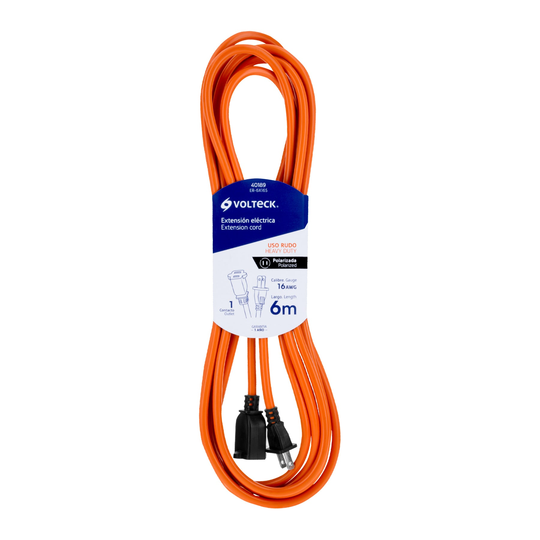 Extensión eléctrica uso rudo 6m 2x16 AWG para 1 clavija