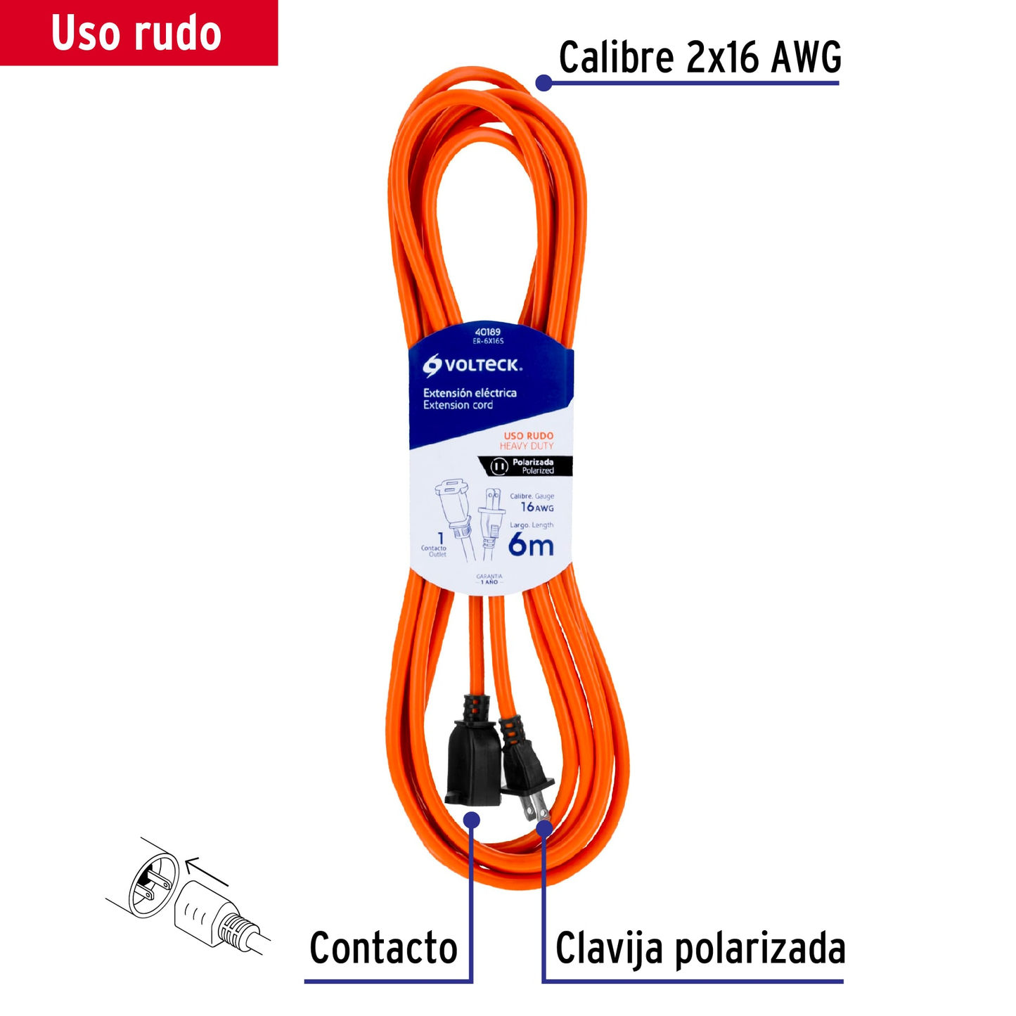 Extensión eléctrica uso rudo 6m 2x16 AWG para 1 clavija