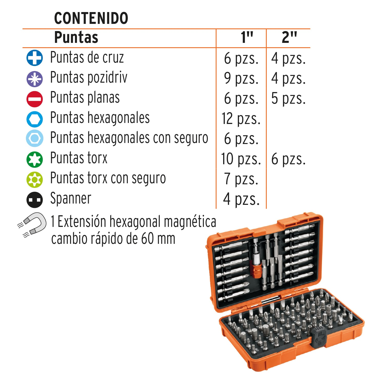 Juego de puntas mixtas 1' y 2', 80 piezas, Truper Expert