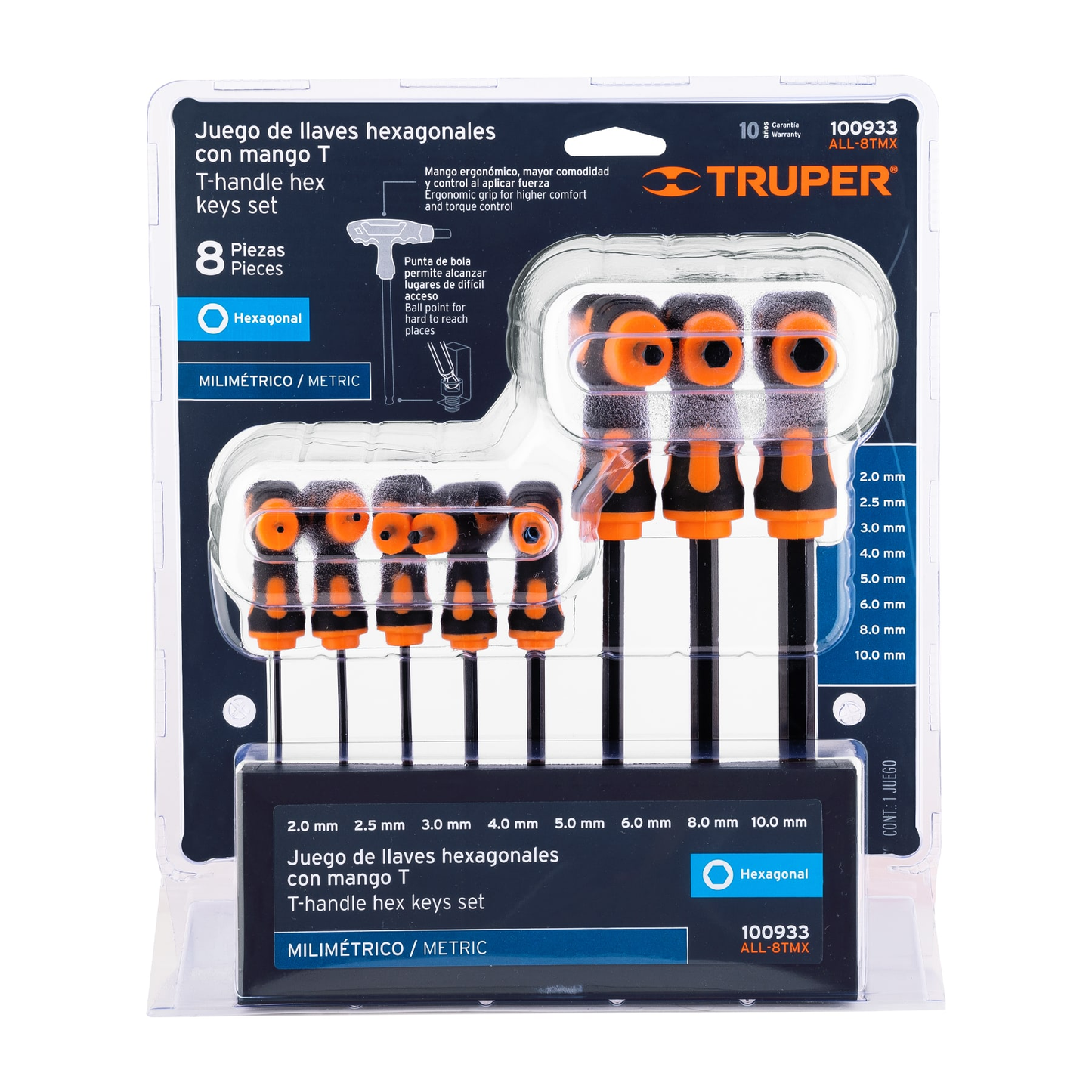 Juego de 8 llaves allen mango T, punta de bola,2 a 10 mm