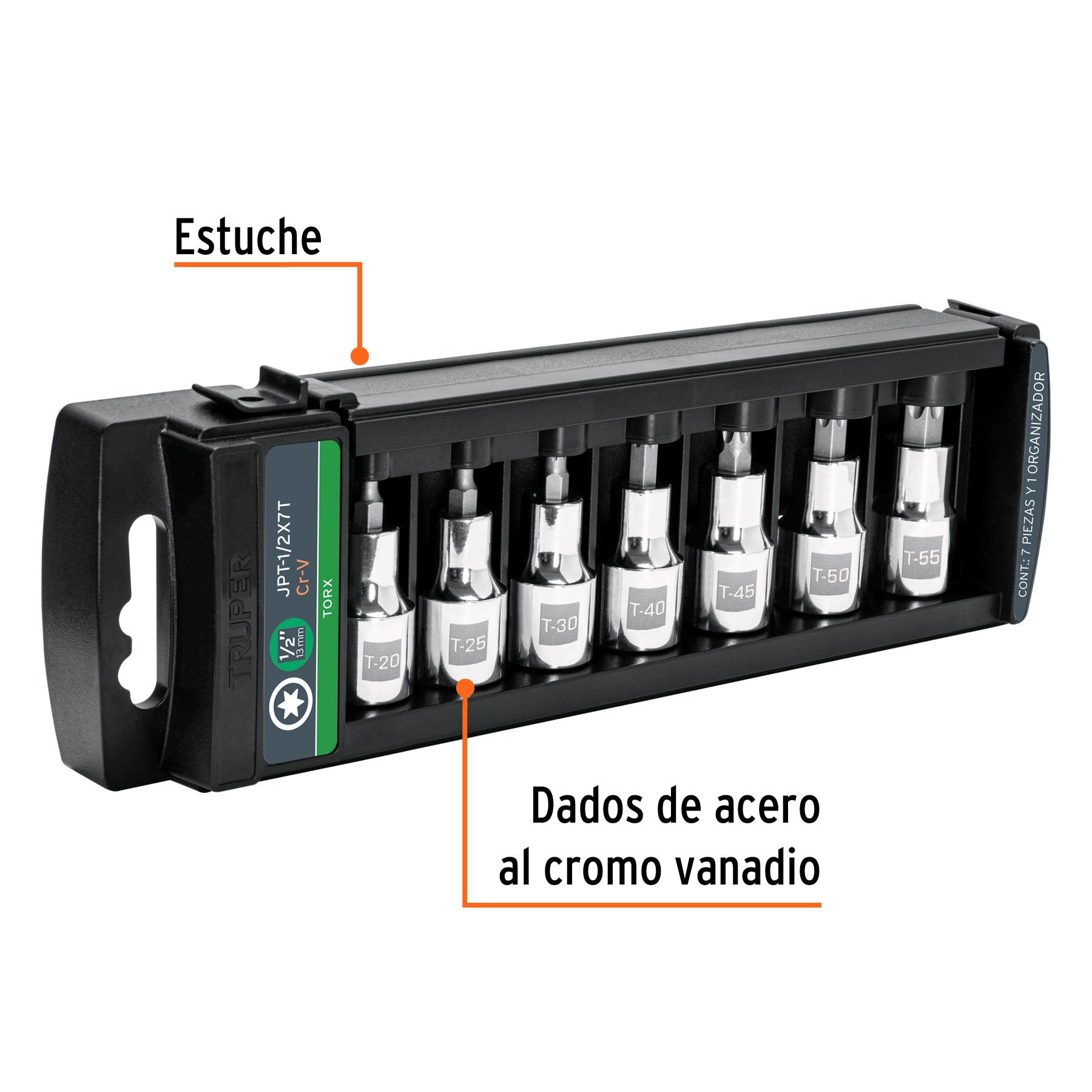 Juego de 7 dados cuadro 1/2' punta torx, Truper