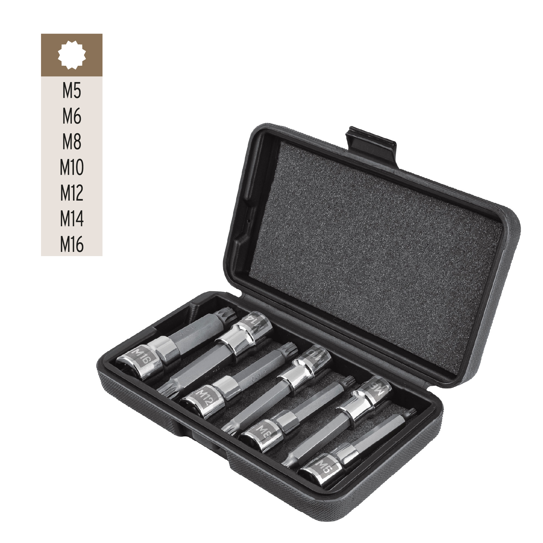 Juego de 7 dados cuadro 1/2' punta larga bristol, en estuche