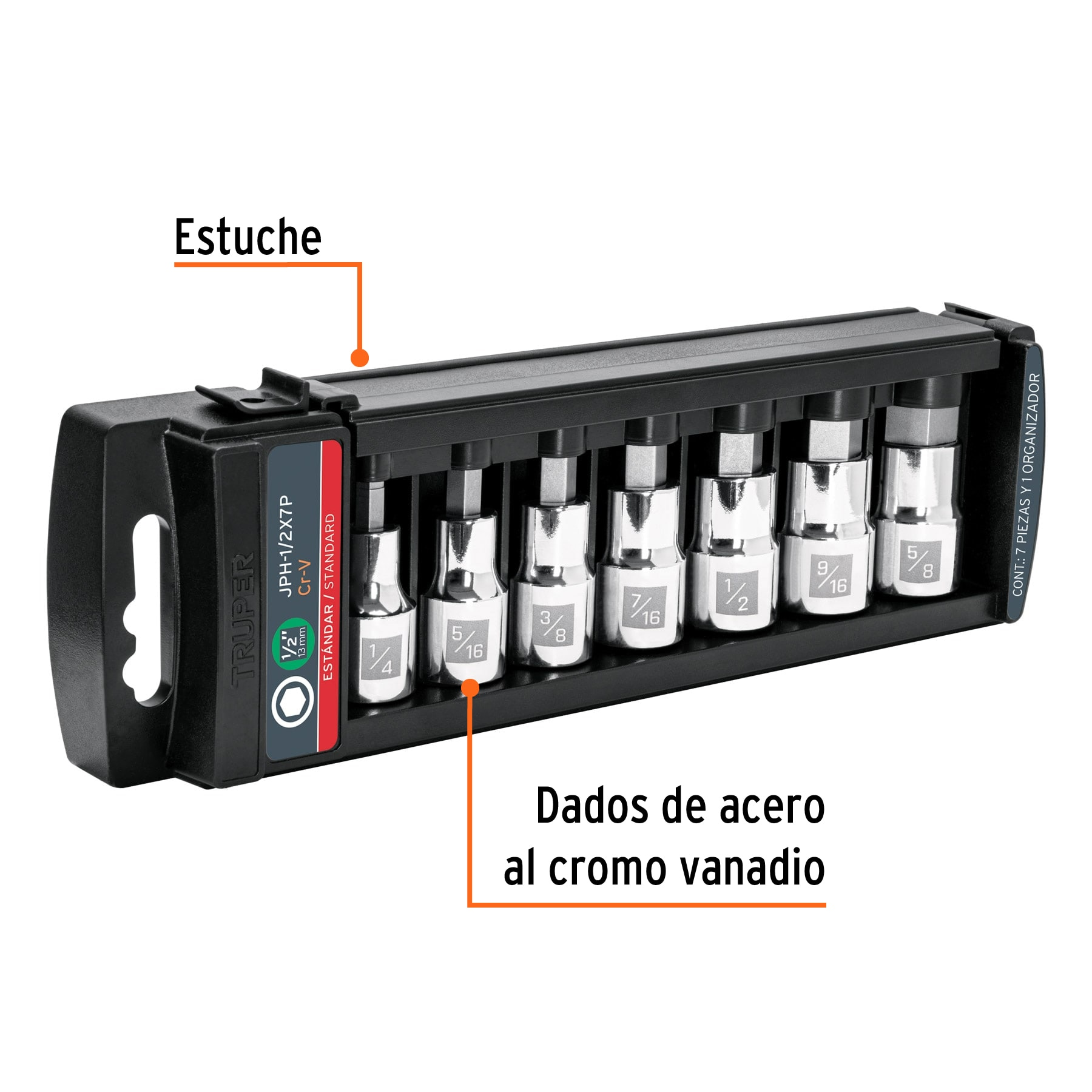Juego de 7 dados cuadro 1/2' punta hexagonal std, Truper