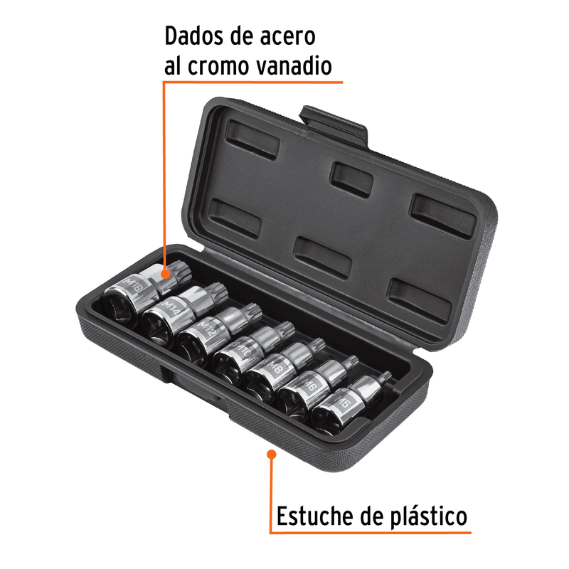Juego de 7 dados cuadro 1/2' punta corta bristol, en estuche