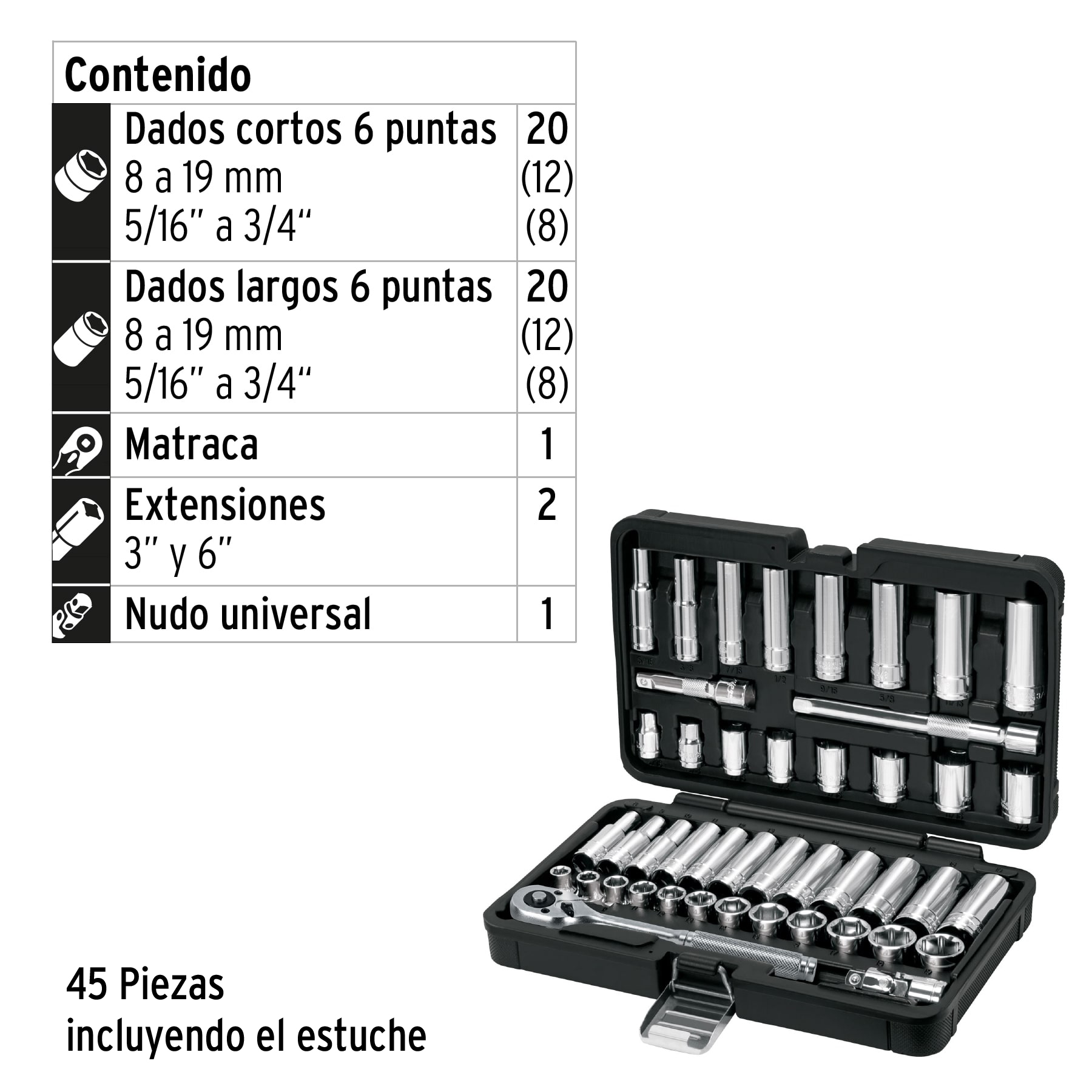 Juego de 45 herramientas cuadro 3/8' std y mm para mecánico
