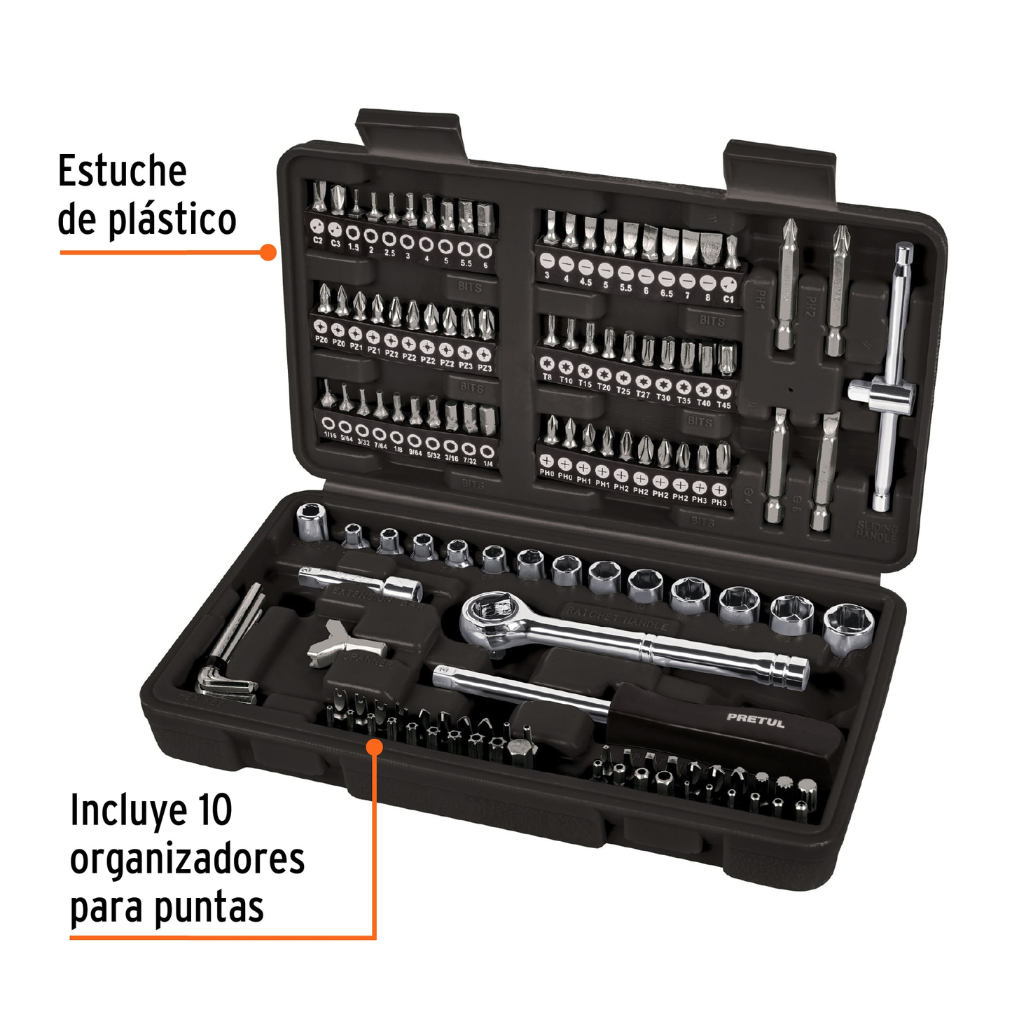 Juego de 130 herramientas 1/4' para mecánico, Pretul