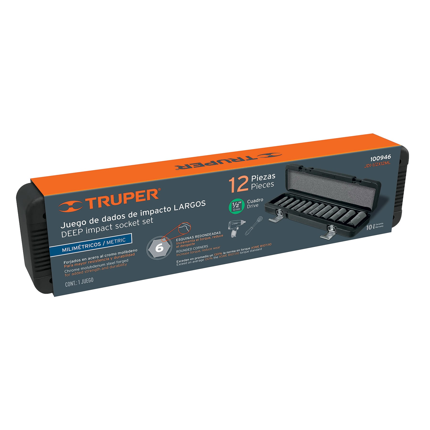 Juego 12 dados largos 1/2' impacto protección plástica 6p mm